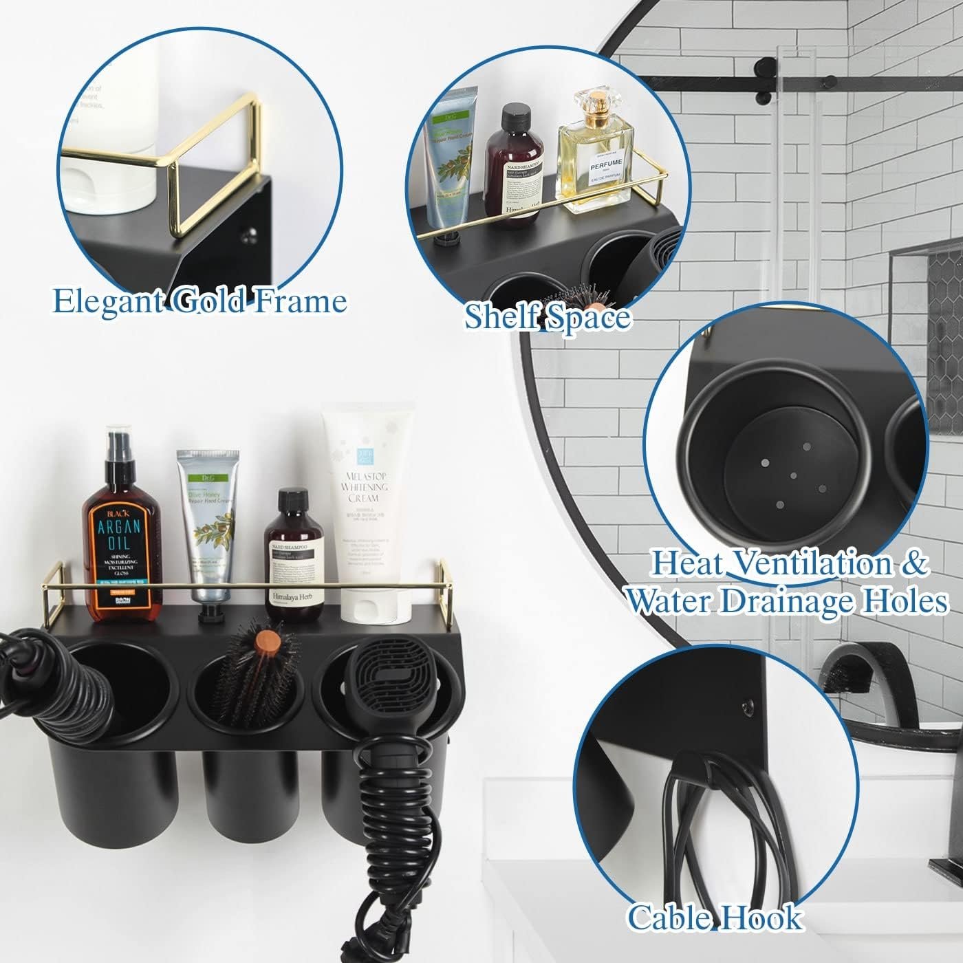 J JACKCUBE DESIGN Hair Dryer Holder Wall Mount Bathroom Vanity Hair Styling Care Tool Accessories 3 Cups Storage Organizer Caddy with Shelf Steel Black Gold- MK1002A (Black) - Image 5