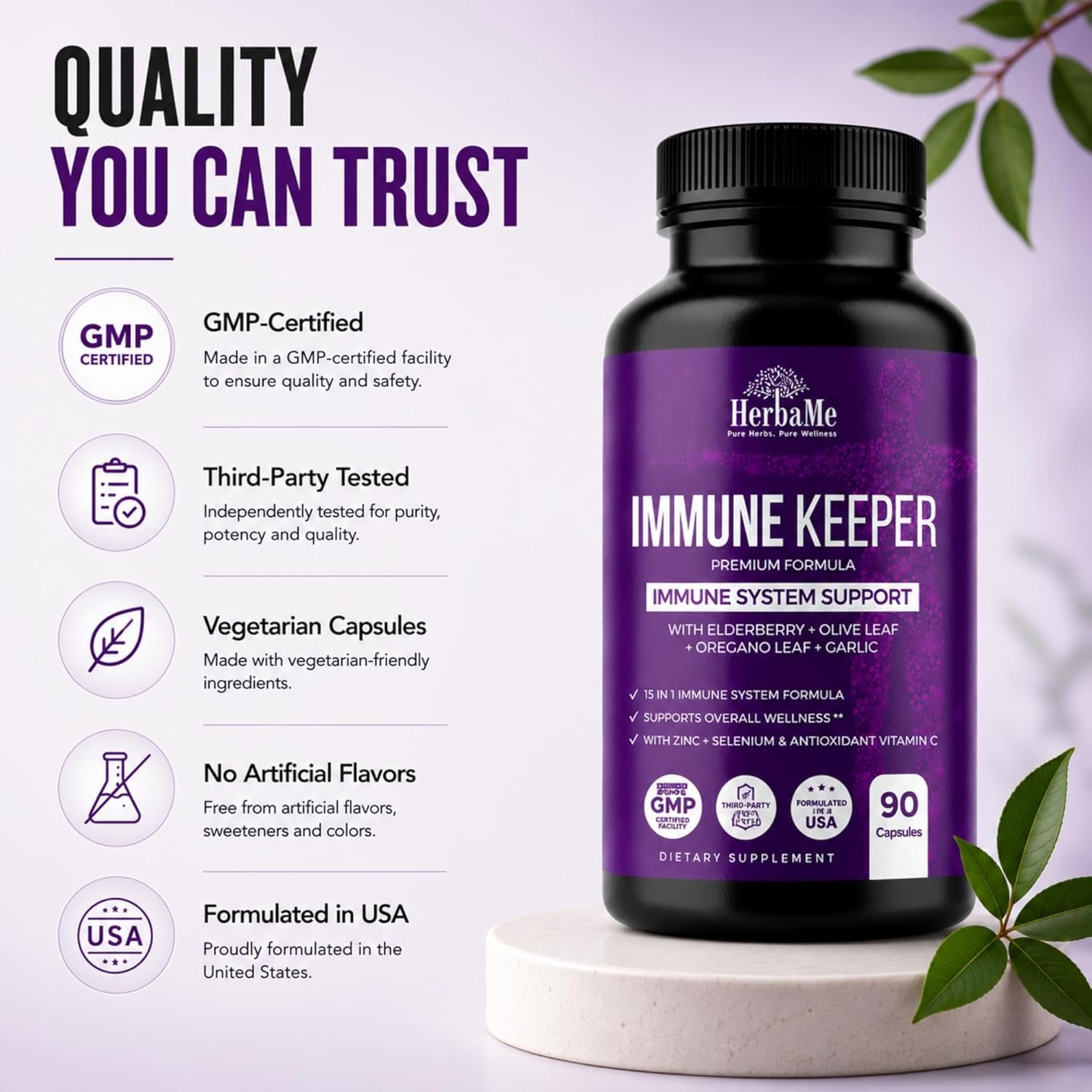 HerbaMe Immune Support Supplement, 15 in 1 Daily Wellness Formula with Elderberry, Quercetin, Zinc, Vitamin C & Selenium, Olive Leaf & Garlic for Men & Women, 90 Capsules - Image 8