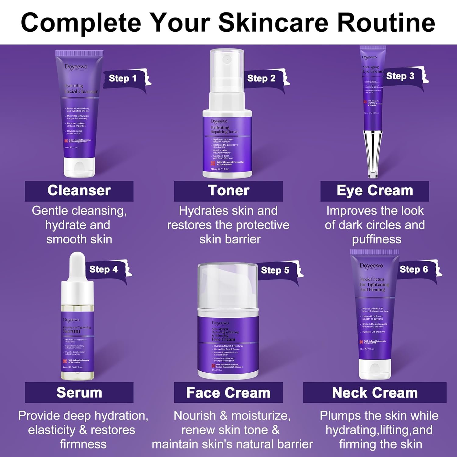 Skin Care Set,6Pcs Professional Womens Teens Tighten Lift Firm Skincare,Hydrate Anti-Aging Facial Routine Kit Travel Gift Set,Birthday Christmas Secret Santa Gifts for Women Teenage Girl Wife Mom | Professional, Travel Skincare, Gift Set - Image 3