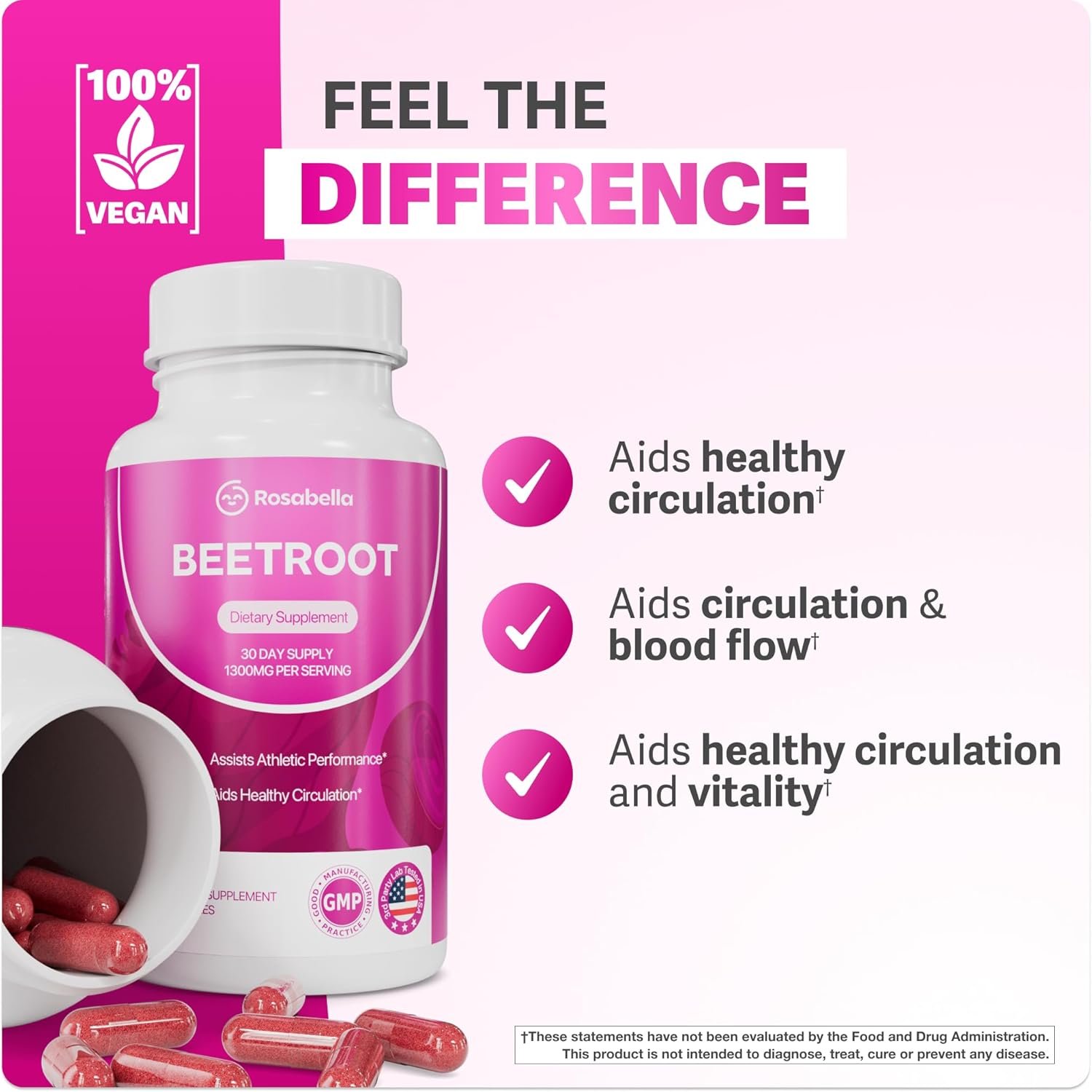 Rosabella Organic Beet Root Capsules - 1300mg Beet Root Powder Aids Healthy Circulation & Vitality, Non-GMO, Beet Root Supplement - 60 Capsules, 30-Day Supply - Image 5