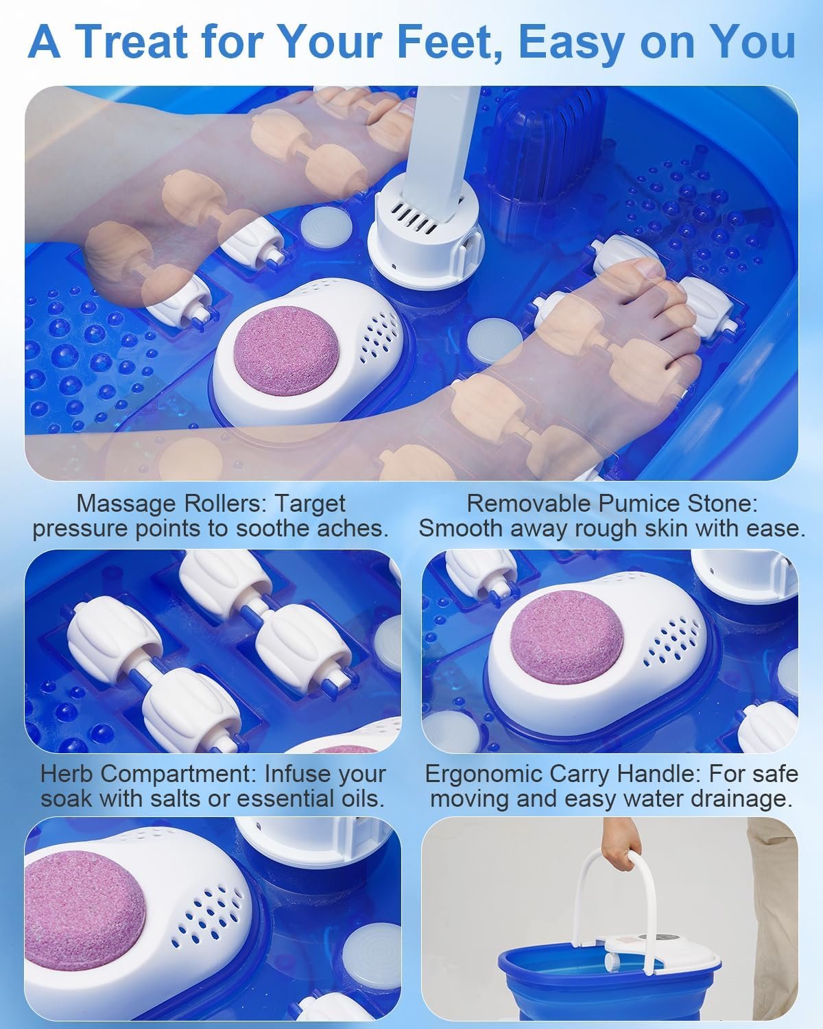 Collapsible Foot Spa Bath with Heat, Remote Control & 16 Massage Rollers, Fast Heating Pedicure Tub for Relaxing Tired Feet, Foot Soaker with Surf & Red Light, Fits Men Size 12 (Royal Blue) - Image 4
