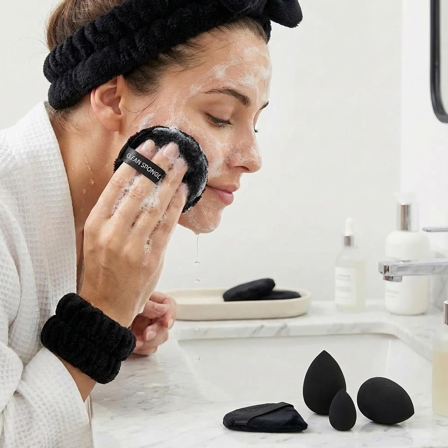 20 Pcs Makeup Sponge Set, Blender Sponges Kit with Head Band, Powder Puffs, Sponge Cleaner and Wrist Bands, Medium Mini Size Beauty Sponges For Contouring, Eye and Corner Black - Image 4