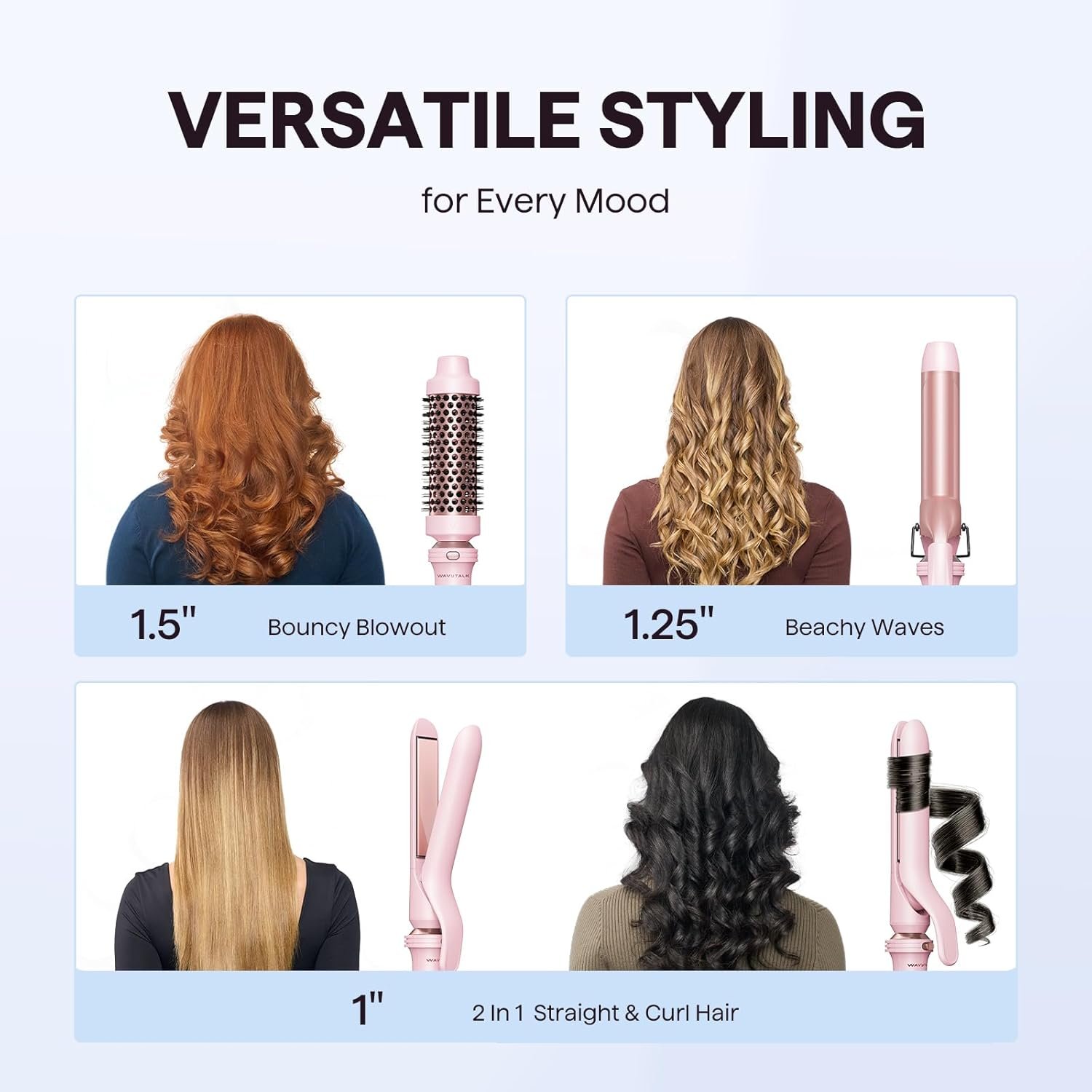 Wavytalk 3 in 1 Curling Wand Set, Multi Curl, Curling Iron Set with Heated Round Brush, Flat Iron Hair Straightener, 1 1/4 inch Curling Iron, Dual Voltage Hair Curler(Pink) - Image 2