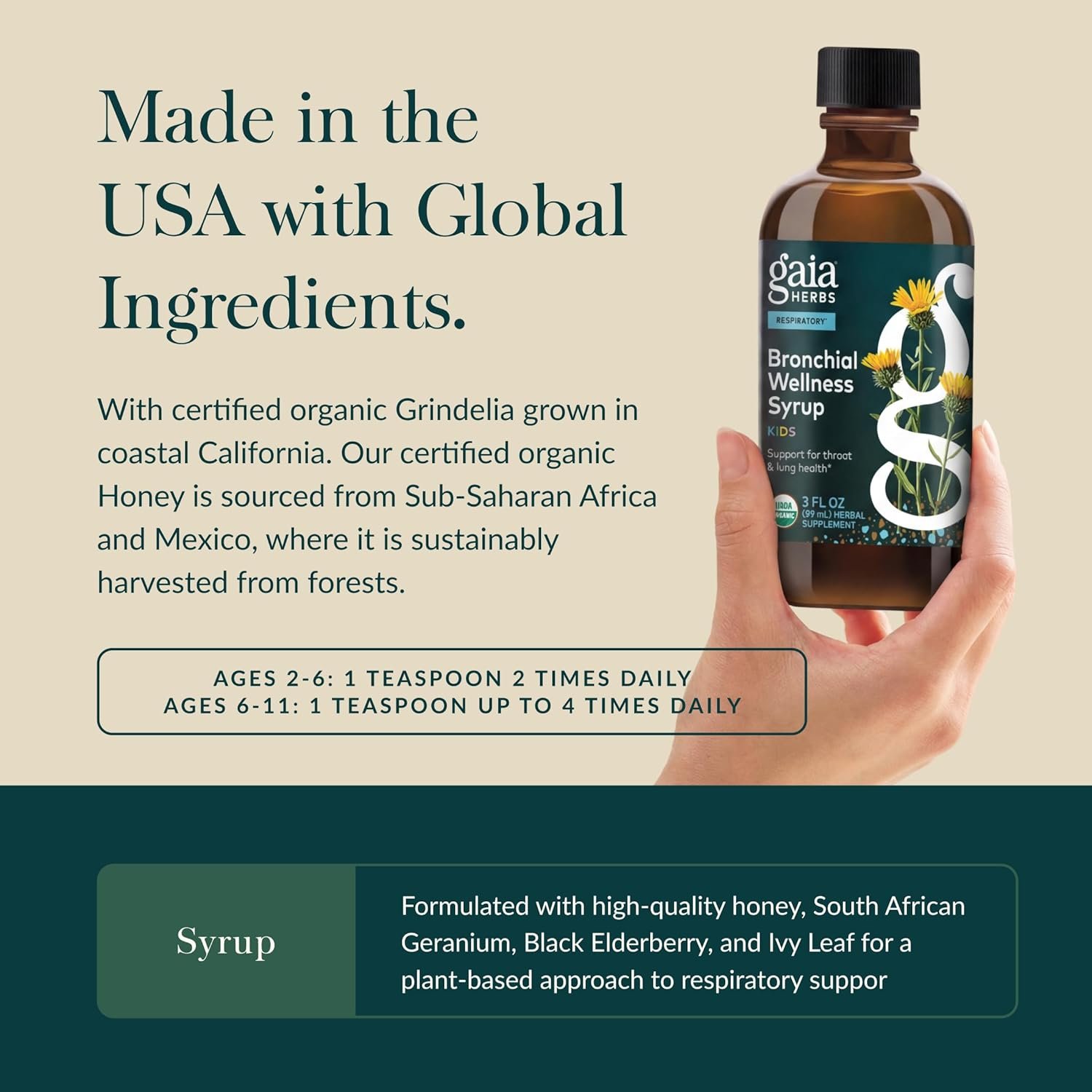Gaia Herbs Bronchial Wellness Syrup Kids - Immune Support Supplement - Throat & Lung Health Support* - Certified Organic Formula with English Plantain, Grindelia & Honey - 3 Fl Oz (18 Servings) - Image 4