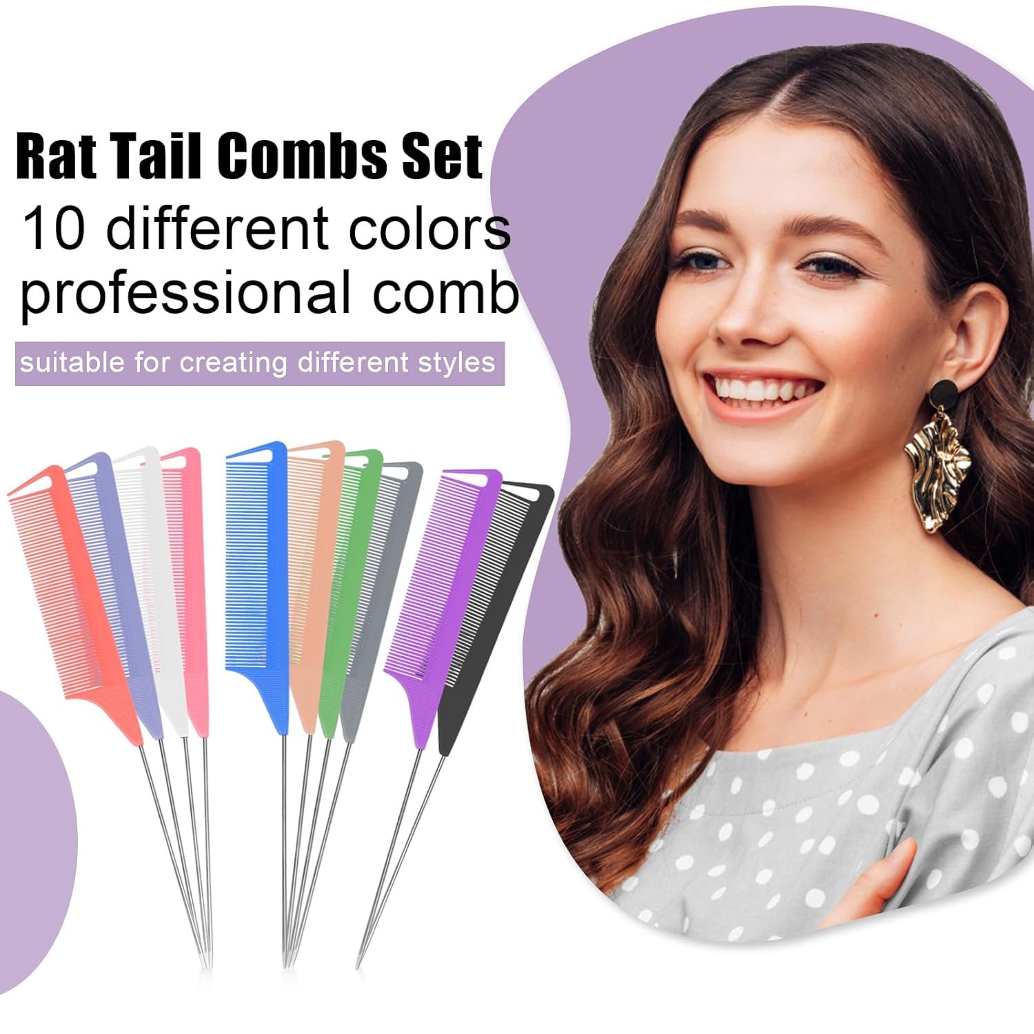 10 PCS Rat Tail Combs Set - Hair Teasing Fine Tooth Comb for Women Girls, Parting Comb for Braiding Hair Styling Tools & Appliances with Stainless Steel Pintail Carbon Fiber Heat Resistant - Image 2