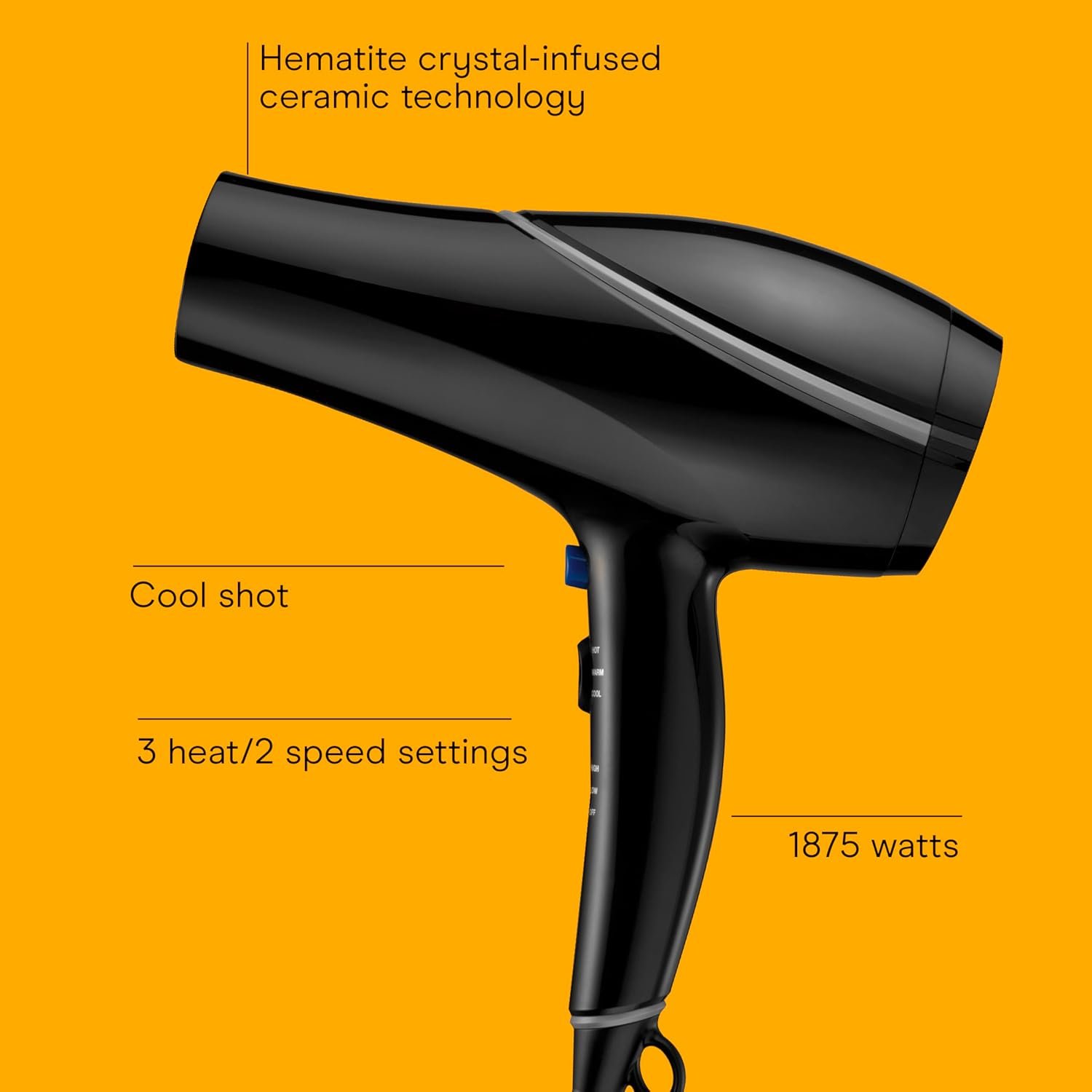 Conair Hair Dryer Style & Shine Natural Crystal Collection, 1875W Hairdryer, 3 Heat Settings, 2 Speeds, Blow Dryer with Concentrator Attachment, Ionic & Hematite-Infused Ceramic Technology, Black - Image 2