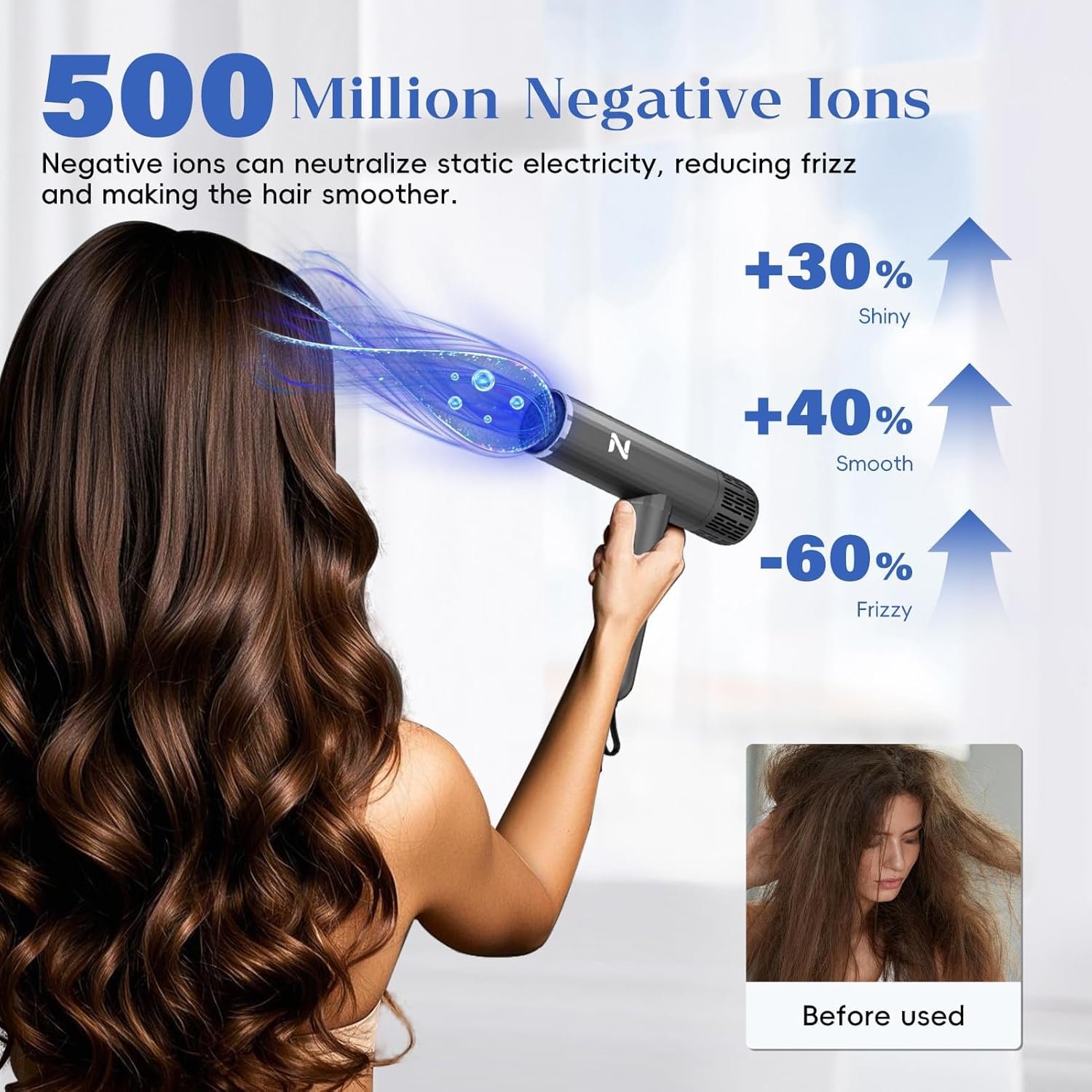 Natrial Ionic Professional Hair Dryer with Diffuser for Curly Hair,1600W&110000RPM High Speed Blow Dryer for Women,Fast Drying,Lock Function,Low Noise,Lightweight for Home Travel Salon,Gray - Image 3