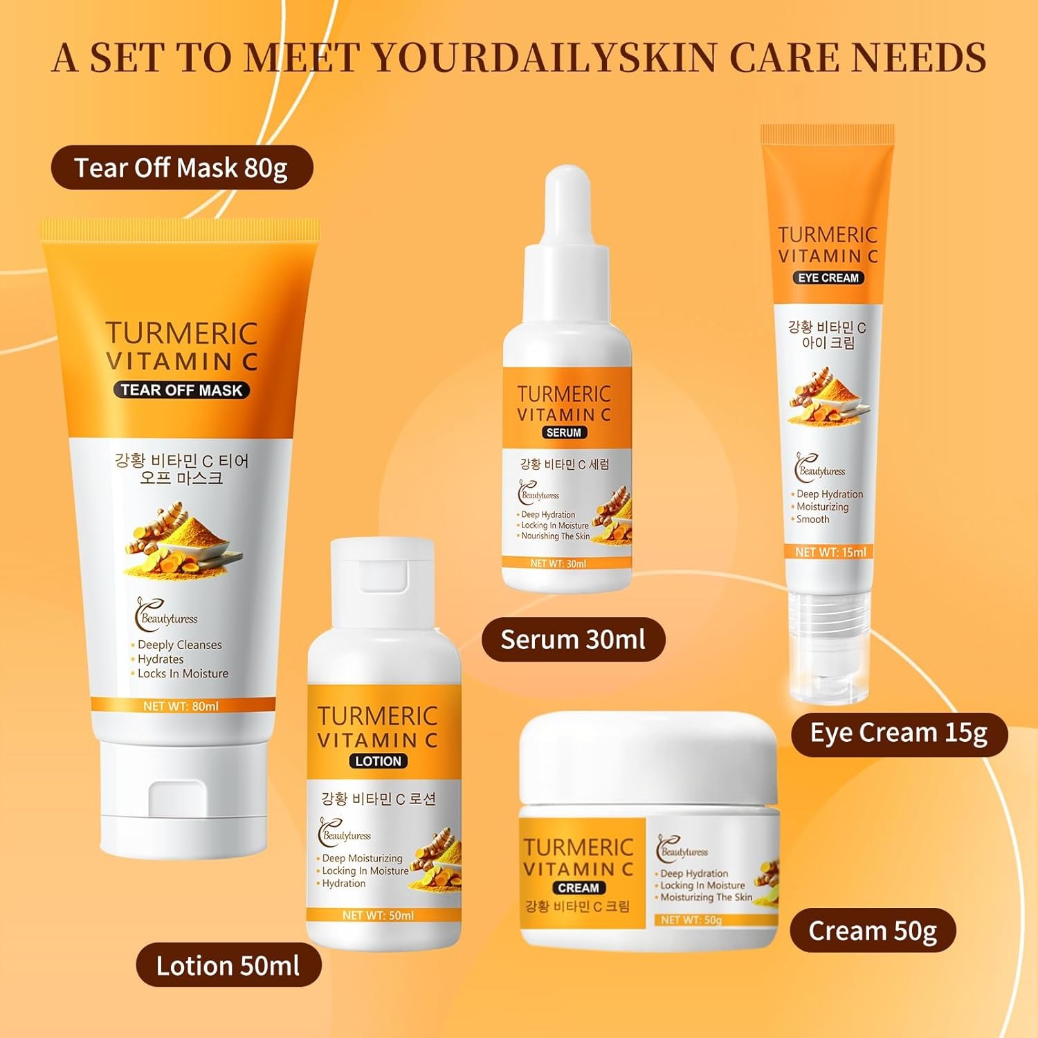Turmeric Skin Care Set for Women, 5Pcs Hydrating & Nourishing Facial Care Kit with Cleanser, Toner, Serum, Eye Cream & Moisturizer – Soothing & Revitalizing Daily Skincare Gift Set - Image 5