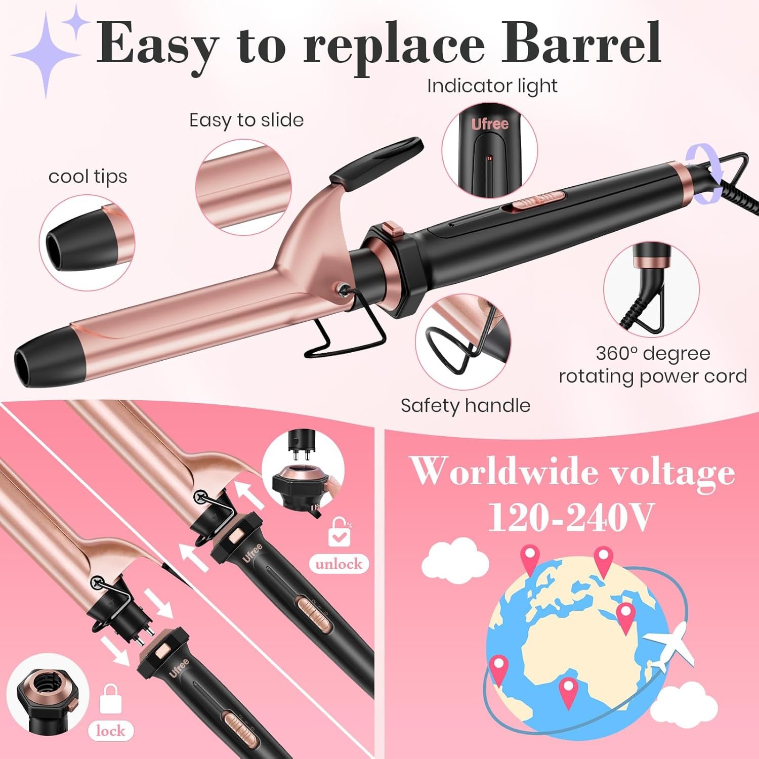 Ufree 3 in 1 Curling Iron, Curling Wand Set with Thermal Brush Flat Iron Hair Straightener, Dual Voltage Wand Curler, Instant Heat Up Hair Curler, Include Protective Glove 2 Clips, Gifts for Women - Image 7