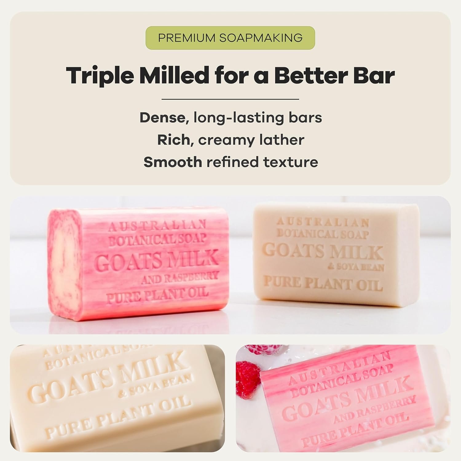 Australian Botanical Soap, Classic Goat Milk and Goat's Milk with Raspberry, 6.6 OZ, Triple Milled Bars made with Enriched with Organic Shea Butter, Pack of 8 - Image 4
