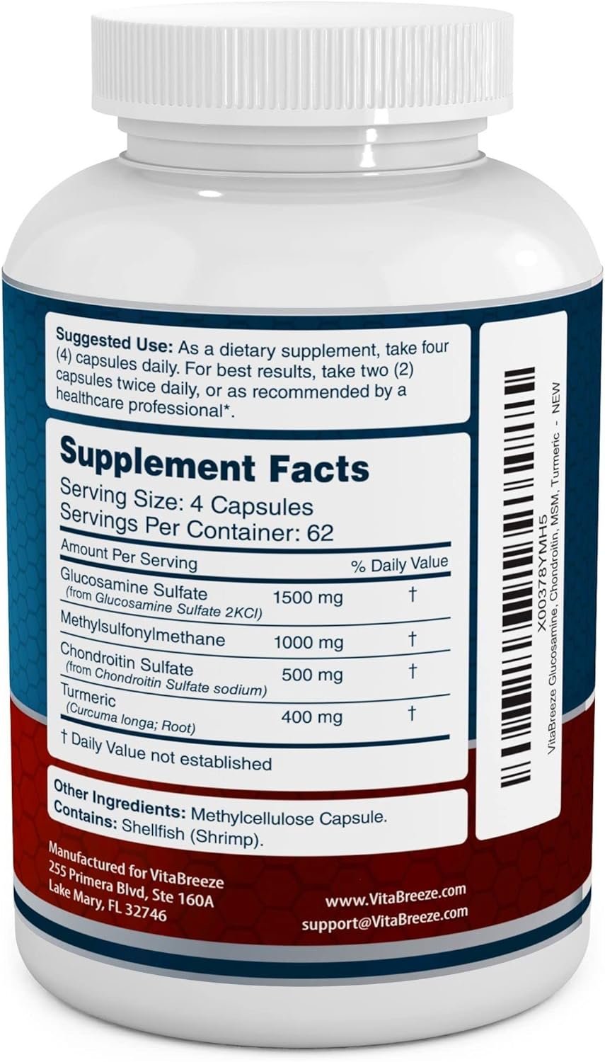 VitaBreeze Glucosamine Chondroitin, MSM & Turmeric Dietary Supplement - 248 Capsules - Image 2