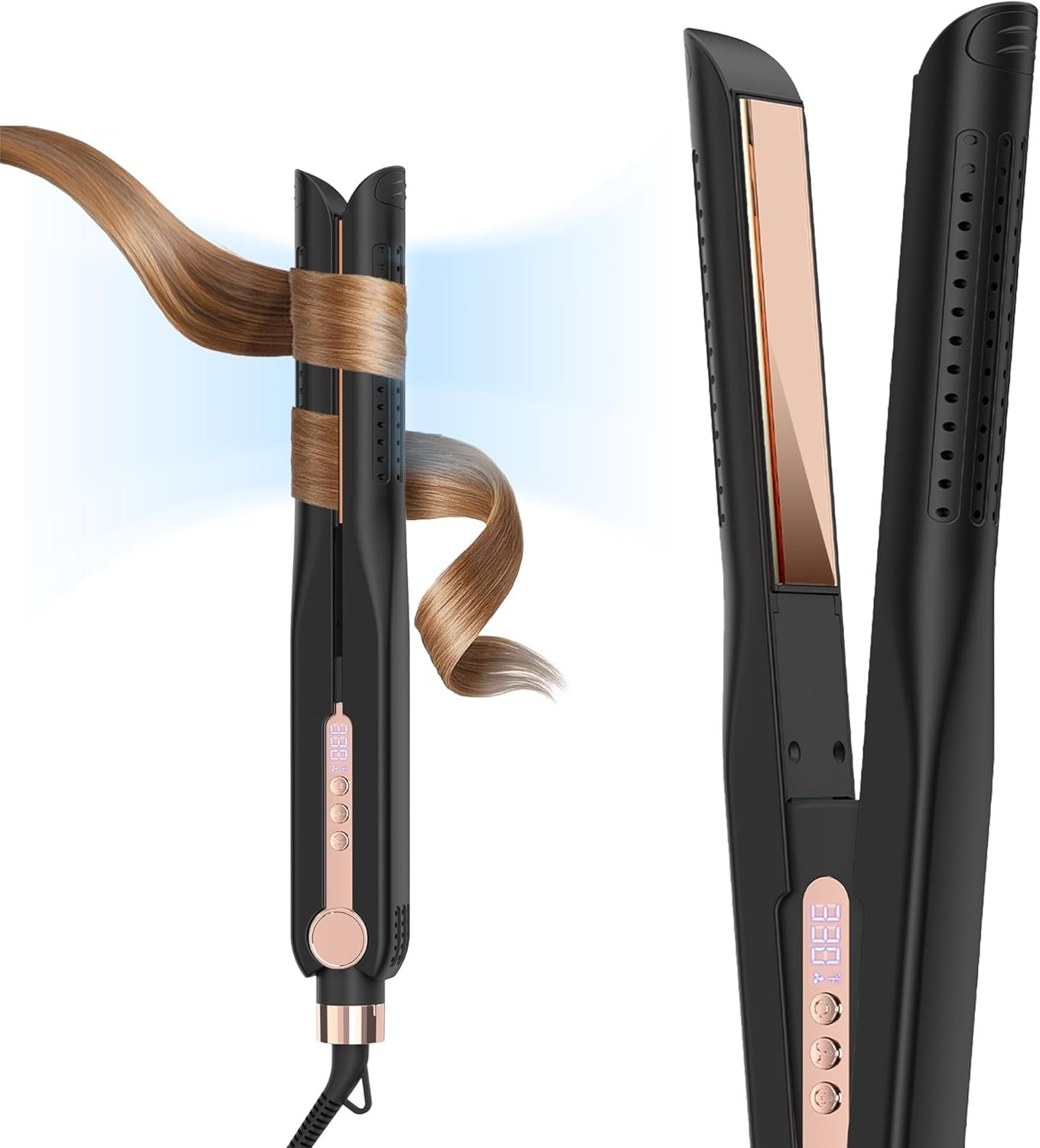 SKIMI Airflow Styler 2.0 Titanium Flat Iron Hair Straightener & Curling Wand, 96 Cool Air Vents for 48H Lasting Style, Dual Voltage for Travel & Home, Anti-Tangle, 5 Temps (Black & Champagne).