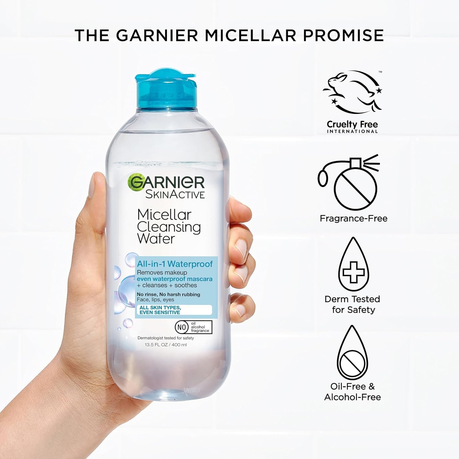 Garnier Micellar Water For Waterproof Makeup, Hydrating Facial Cleanser & Makeup Remover, Suitable for Sensitive Skin, Vegan, Cruelty Free, 13.5 Fl Oz (400mL), 1 Count - Image 5