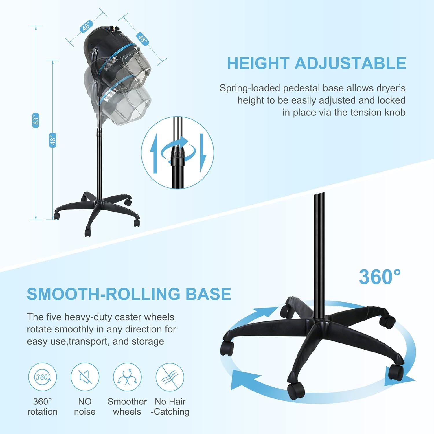 Nova Microdermabrasion Professional Hooded Floor Hair Dryer Adjustable Bonnet Hair Dryer Stand Up with Timer and Rolling Wheels for Beauty Spa Home Salon Equipment - Image 4