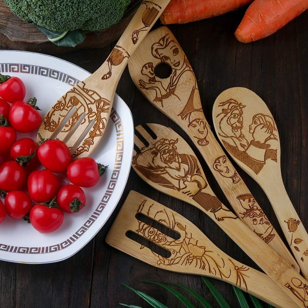 Beauty and the Beast Burned Wooden Spoons Cooking &Serving Utensils Set Bamboo Spoon Slotted Kitchen Utensil Fun Gift Idea Warming Present (Set of 5) - Image 5