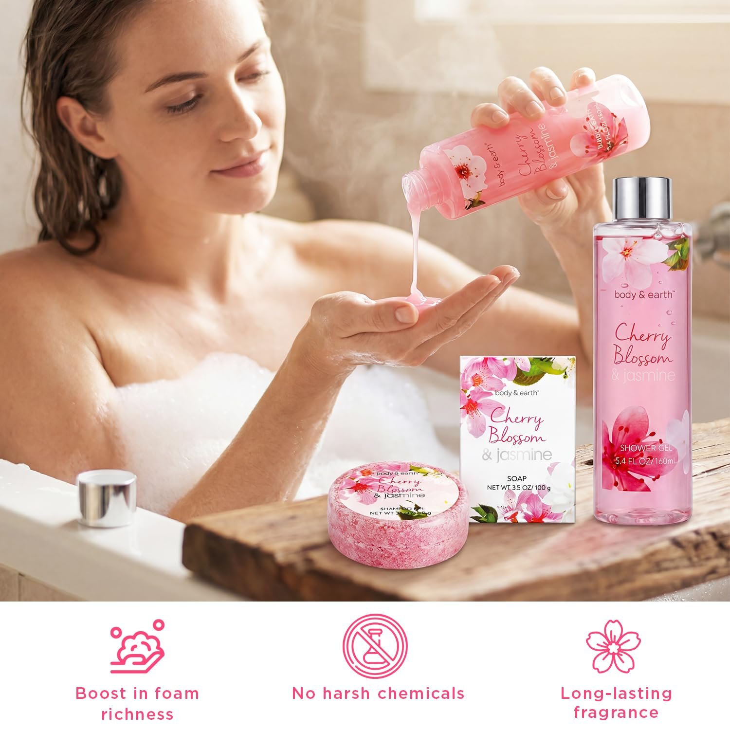 Body & Earth Spa Gifts for Women Self Care Kit - 8pcs Cherry Blossom & Jasmine Bath Sets for Women, Birthday, Mother's Day Gift Baskets for Mother, Wife, Girlfriends - Image 4