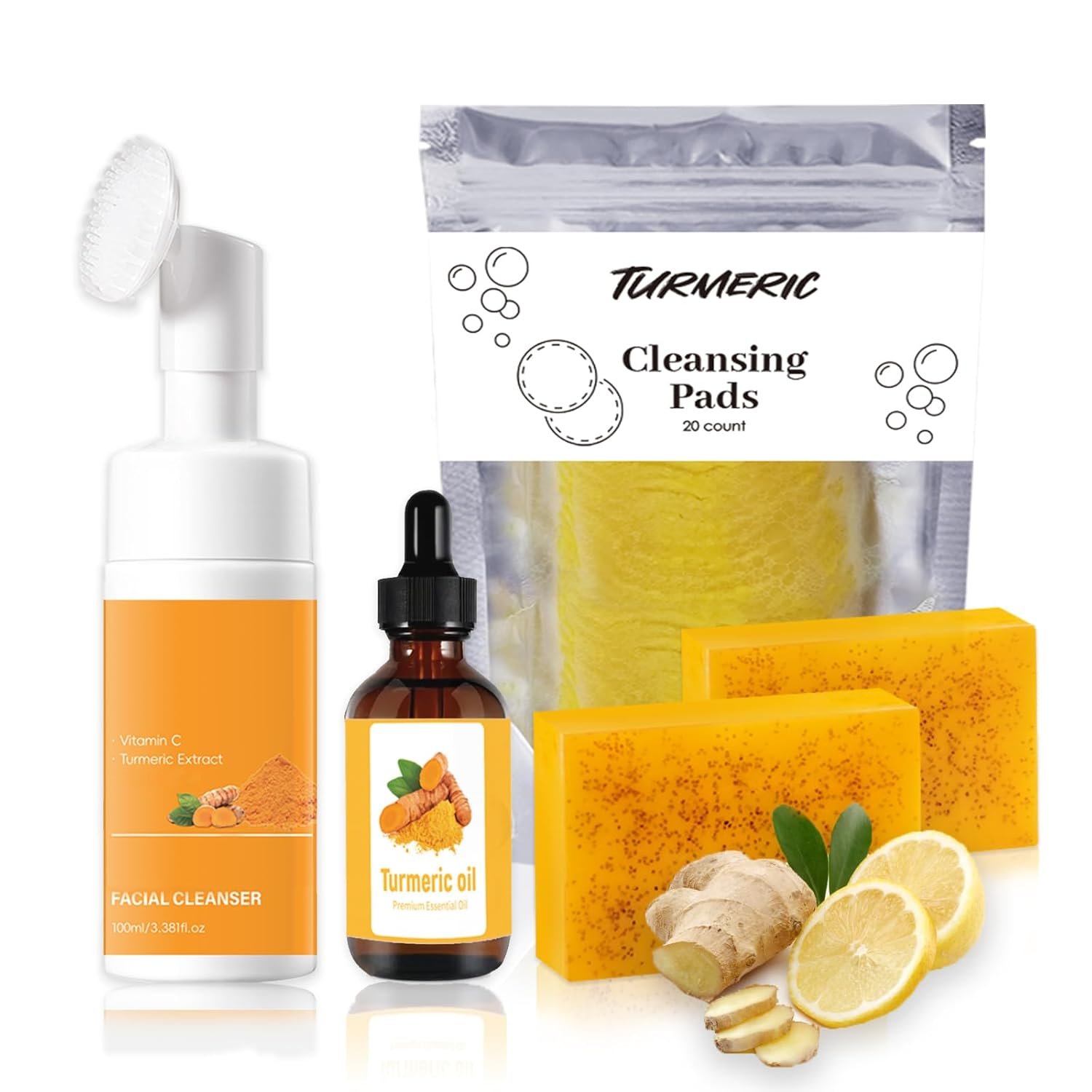 Turmeric Wash and Care Kit – Turmeric Face Wash with Brush, Exfoliating Facial Pads, Turmeric Oil and Cleansing Soap Bars– Jabon de Curcuma, Natural Skincare for Face & Body (4PC Set, Count, 4)