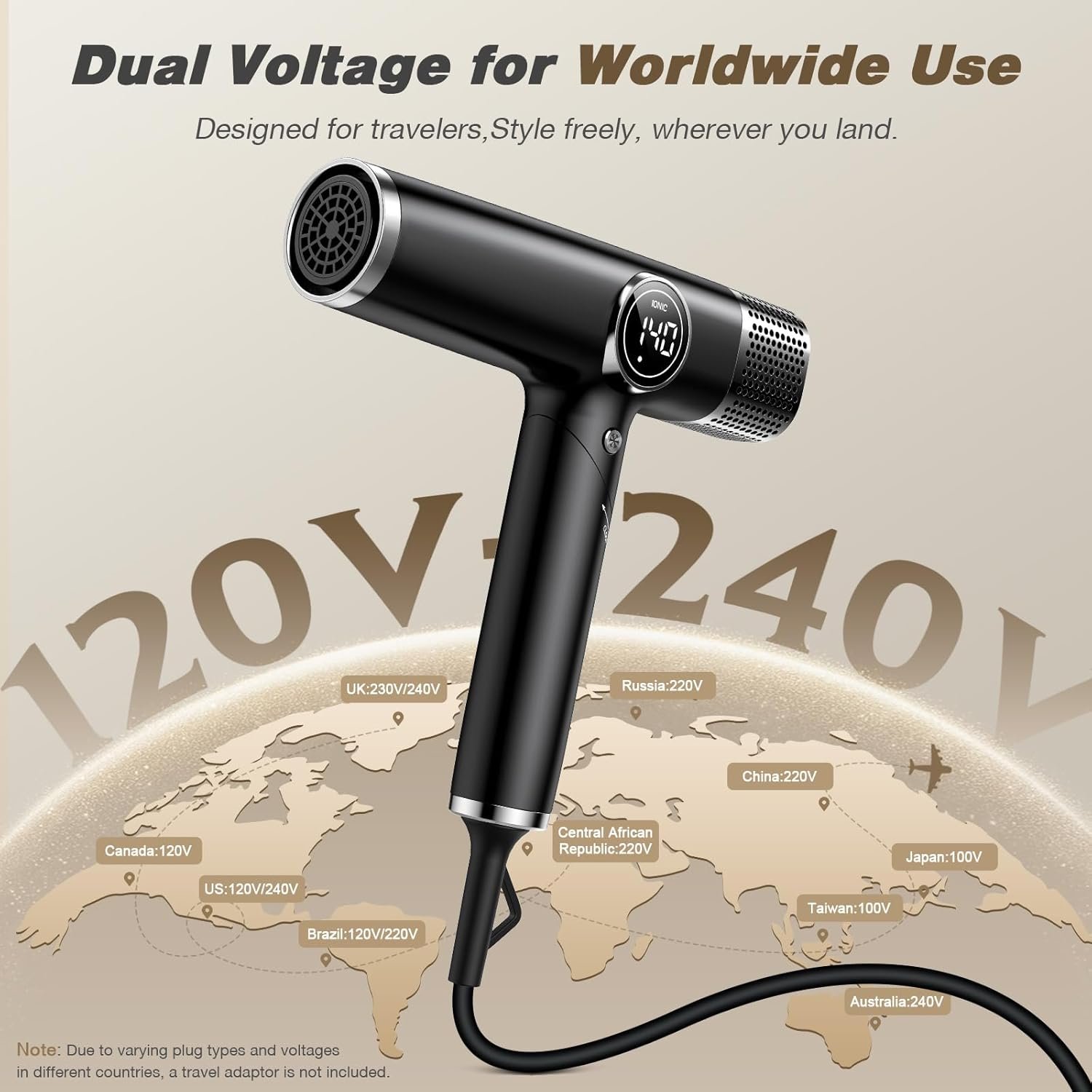 Dual Voltage Travel Hair Dryer with Diffuser, 1900W Professional High-Speed Ionic Blow Dryer for Fast Drying, Lightweight, No Heat Damage, Global Use 110V-240V - Image 2