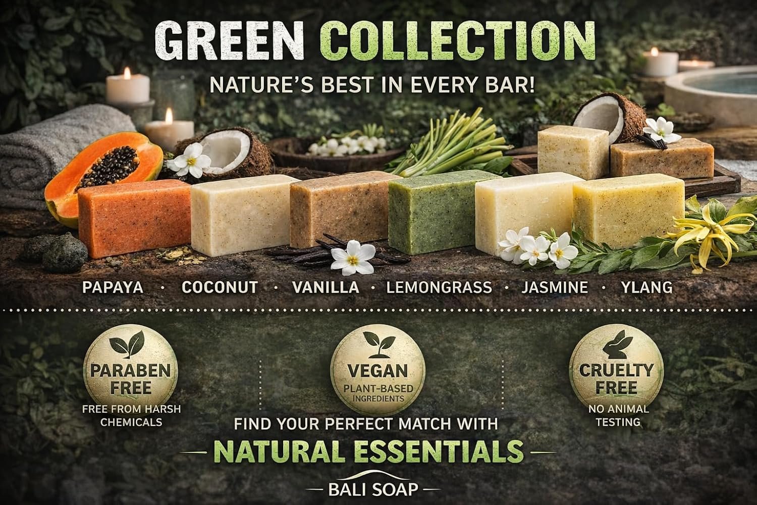 Bali Soap Natural Soap Gift Set - Handmade, Cold Process, Aromatherapy Spa Bar Soap for Face & Body (Coconut, Papaya, Vanilla, Lemongrass, Jasmine, Ylang Ylang), 6 Pack (3.5 oz Each) - Image 8