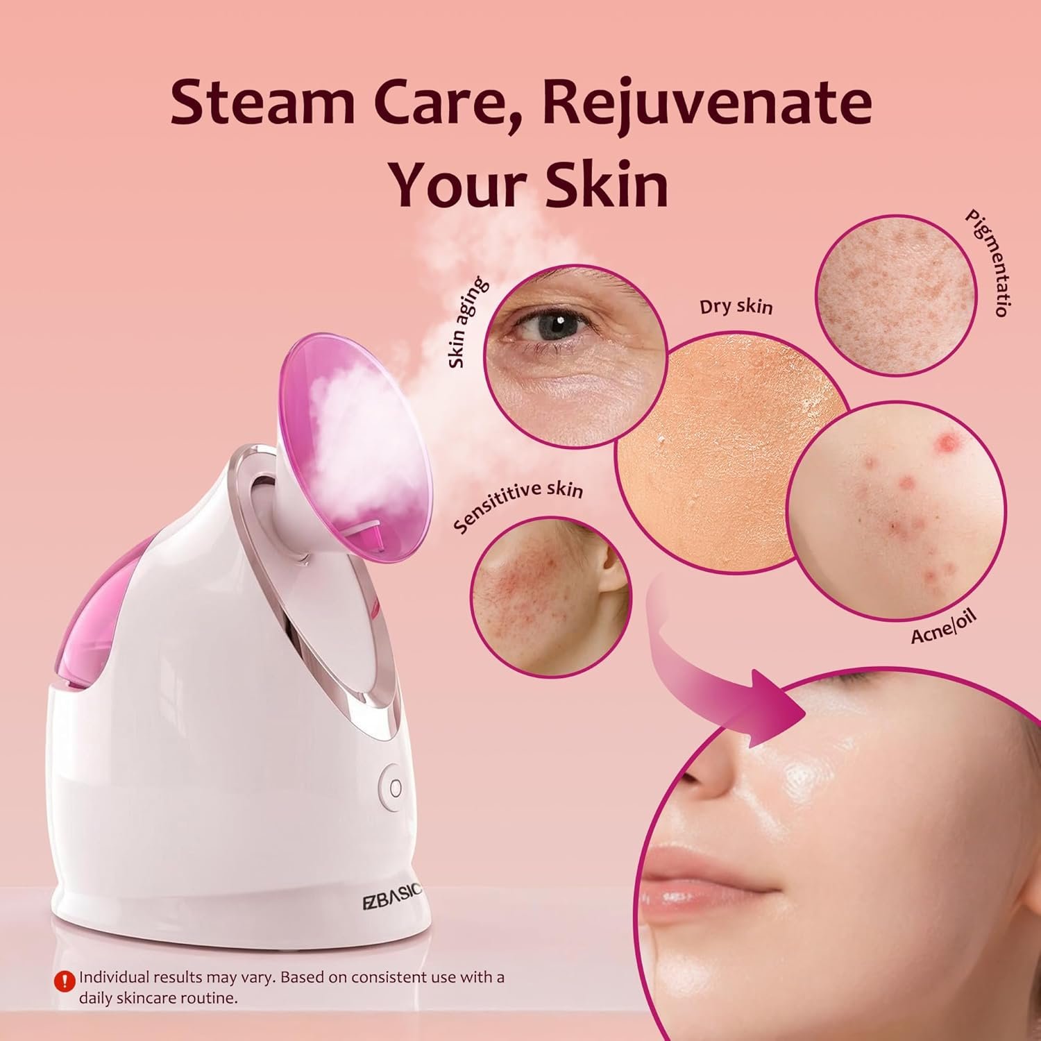 EZBASICS Facial Steamer - Professional Nano Ionic Face Steamer for Facial Deep Cleaning, Warm Mist Humidifier for Home Spa, Unclogs Pores Sinus, Bonus 5 Piece Stainless Steel Skin Kit (Pink) - Image 3
