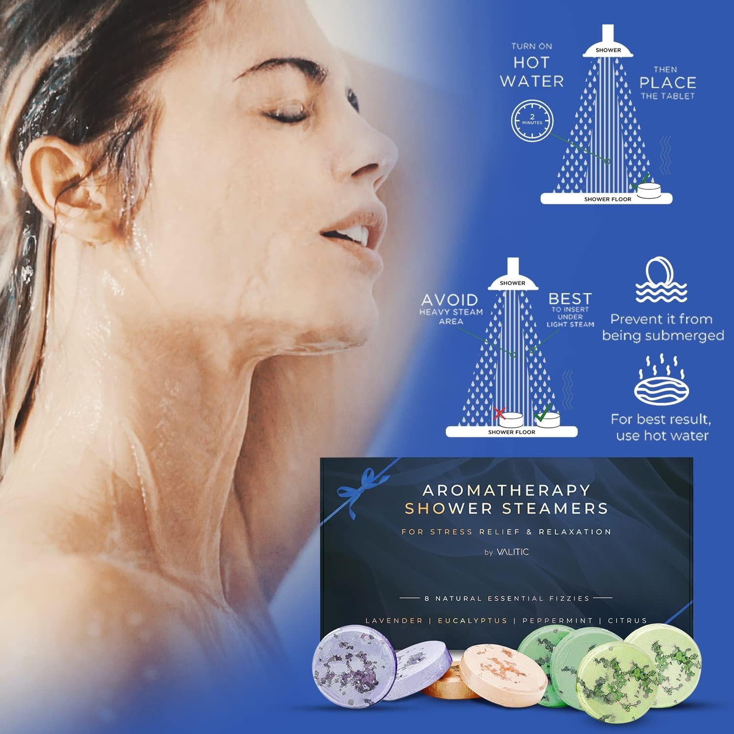 Valitic Aromatherapy Shower Steamers for Stress Relief and Relaxation - Gifts for Women Mom Birthday 8 Natural Essential Fizzies Shower Bombs - 4 Scents - Lavender, Eucalyptus, Citrus, and Peppermint - Image 5