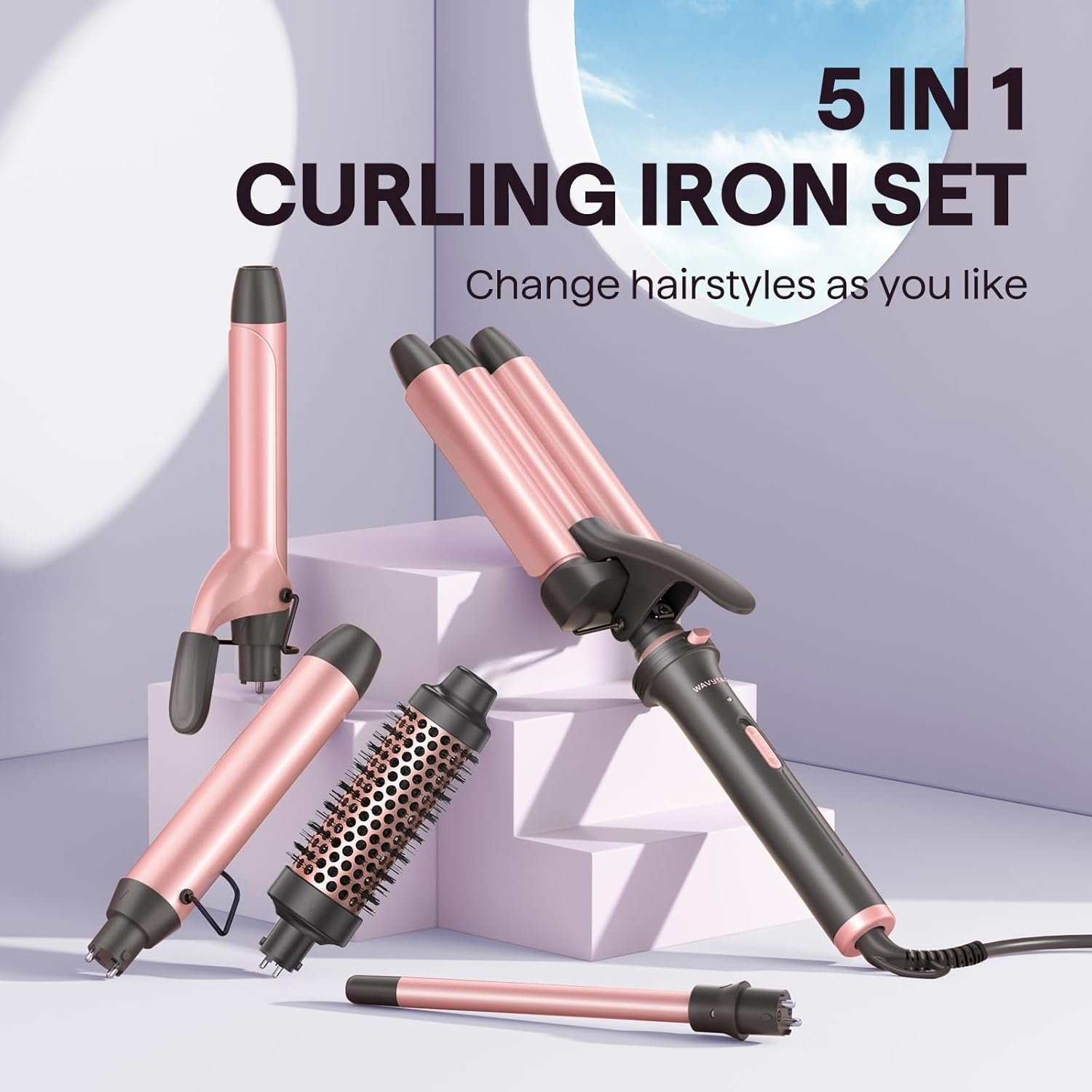 Wavytalk 5 in 1 Curling Wand Set, Dual Voltage Curling Iron Set with 5 Interchangeable Barrels Included A Thermal Brush, A Hair Crimper and 3 Ceramic Curling Wands(0.5"-1.25"), Rose Pink - Image 7