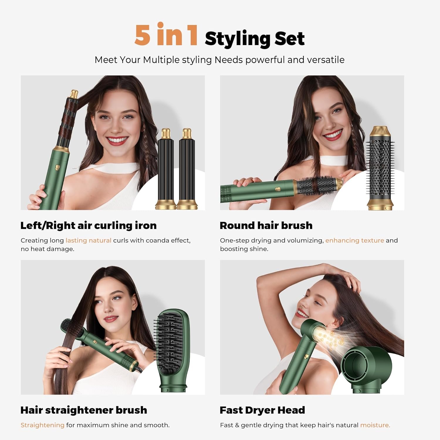 5 in ONE Hair Dryer Brush, Blow Dryer Curling Wand Hair Styling Tools Set, Ionic Hot Air Brush Round Brush Blow Dryer, Left&Right Styler 100-120V - Image 2