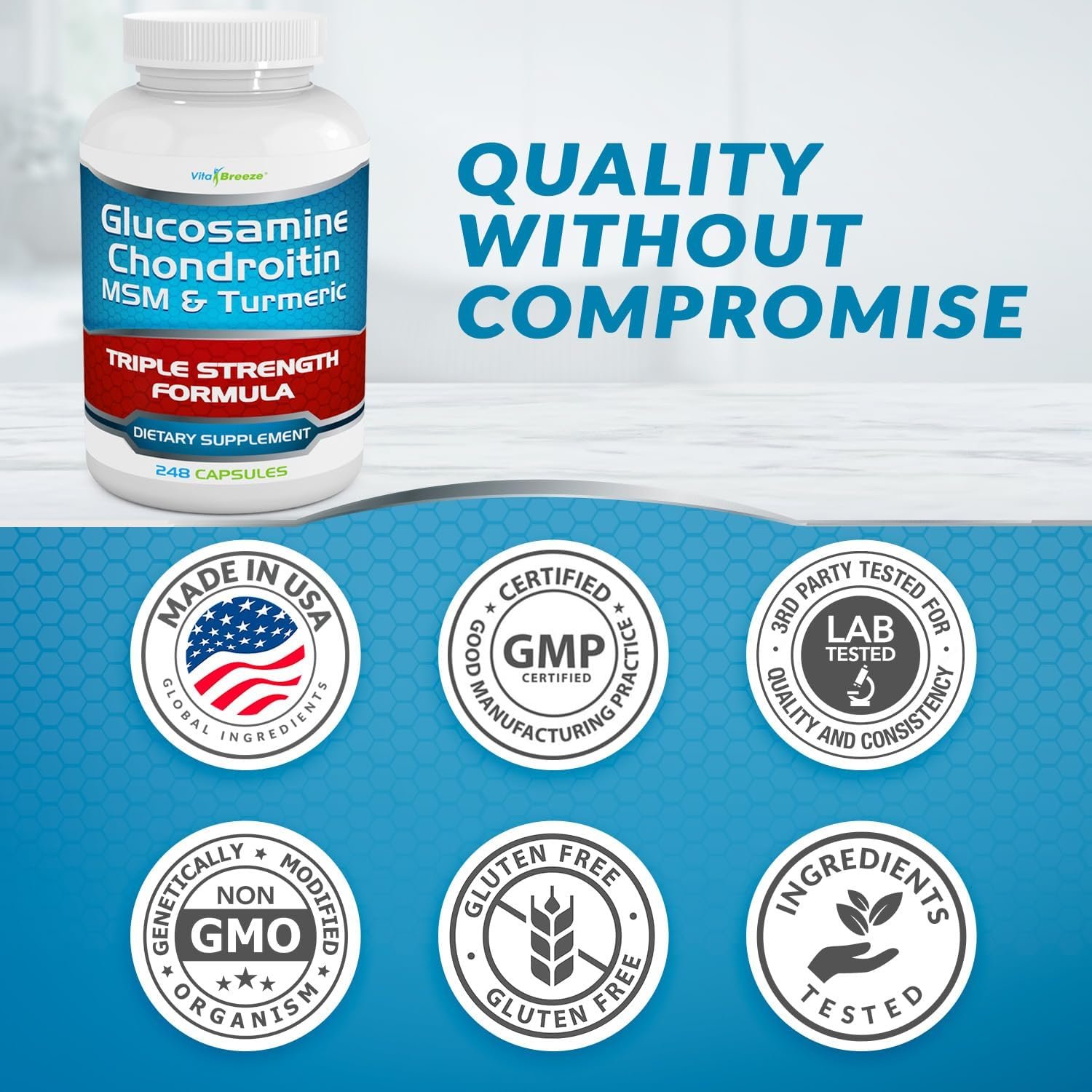VitaBreeze Glucosamine Chondroitin, MSM & Turmeric Dietary Supplement - 248 Capsules - Image 7
