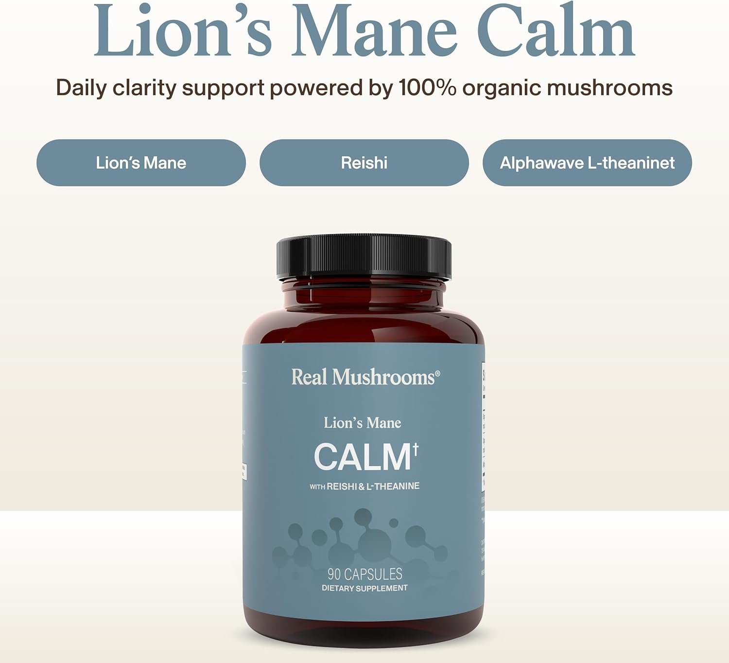 Real Mushrooms Calm Lions Mane Capsules (90 Count) – 400mg Organic Lions Mane Fruiting Body Extracts, 200mg Organic Reishi, 200mg AlphaWave L-Theanine for Calm Clarity & Relaxed Alertness, 90ct - Image 3