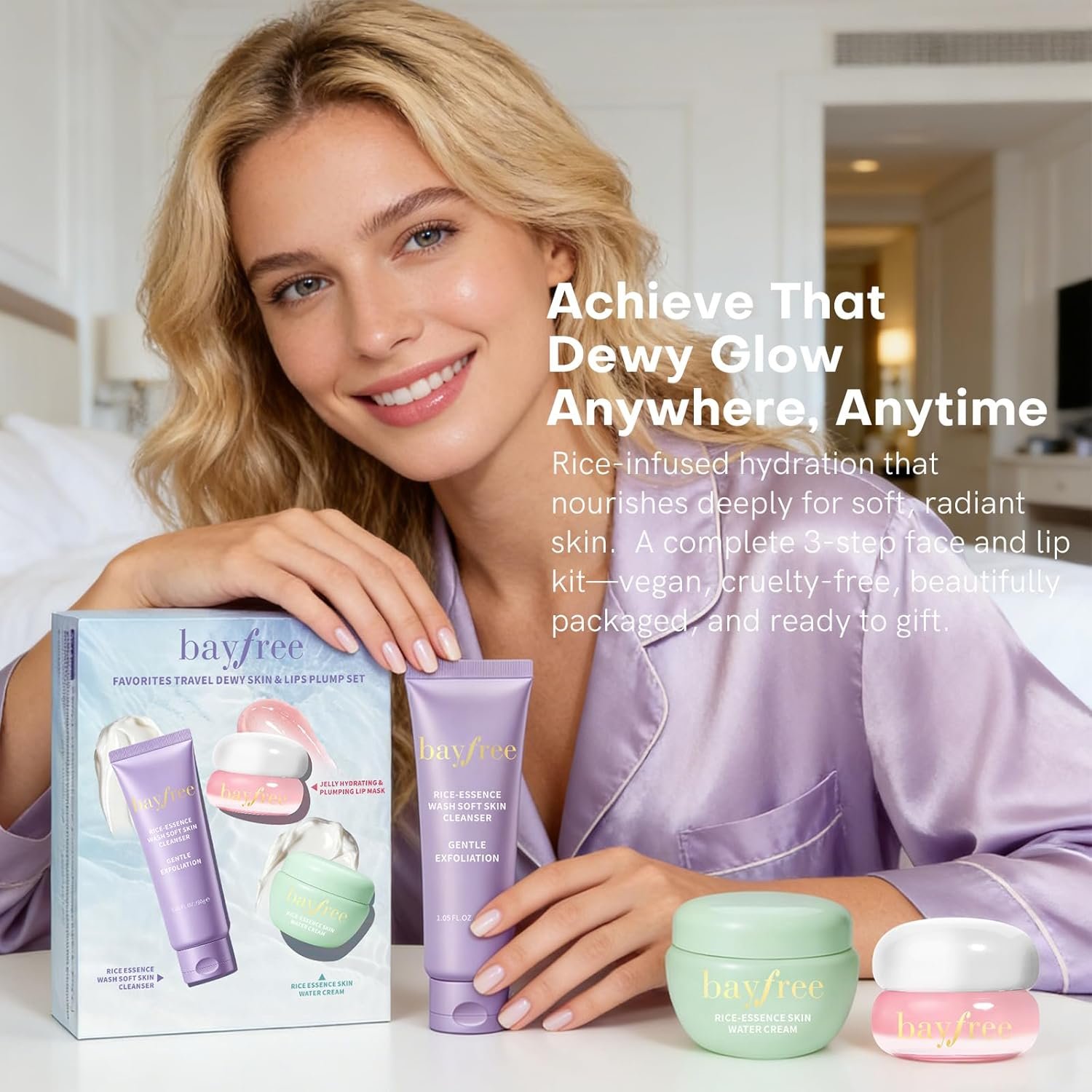 bayfree Favorites Travel Dewy Skin & Lips Plump Set, Hydrating Korean Skin Care Set with Rice-Essence Wash, Water Cream & Lip Mask, Gentle Vegan Skincare Gift Set for Girls Women, Glowing Skin - Image 9