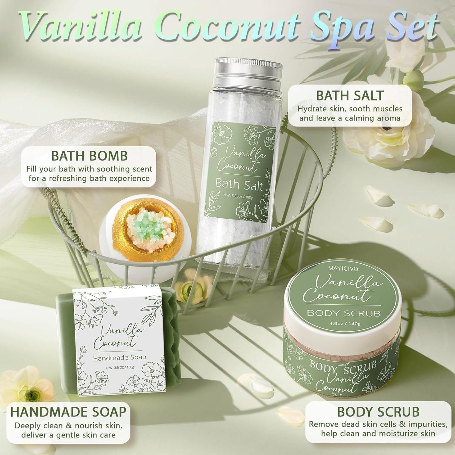 Spa Gifts for Women Bath Gift Set, Vanilla Coconut Spa Gift Baskets Home Bath Set Self Care Kit Care Package Thank You Birthday Mothers Day Easter Gifts for Women Mom Her Friends Sister Teen Girl Wife - Image 5