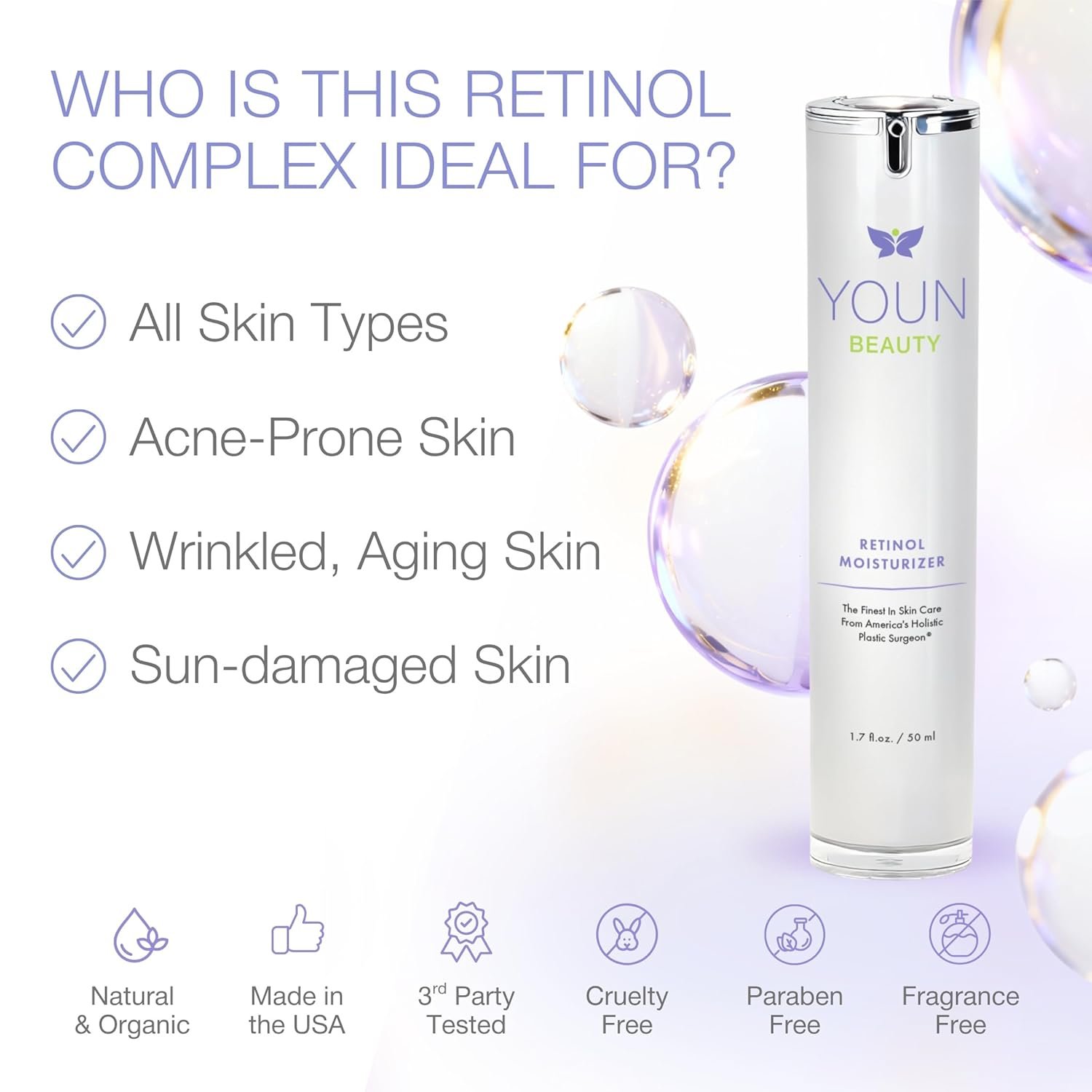 YOUN Beauty Retinol Night Cream Moisturizer for Face by Holistic Dr. Anthony Youn – Paraben-Free Face Moisturizer with Vitamin B5 & E, Hyaluronic Acid, and Green Tea for Skin Renewal, 50ml - Image 3