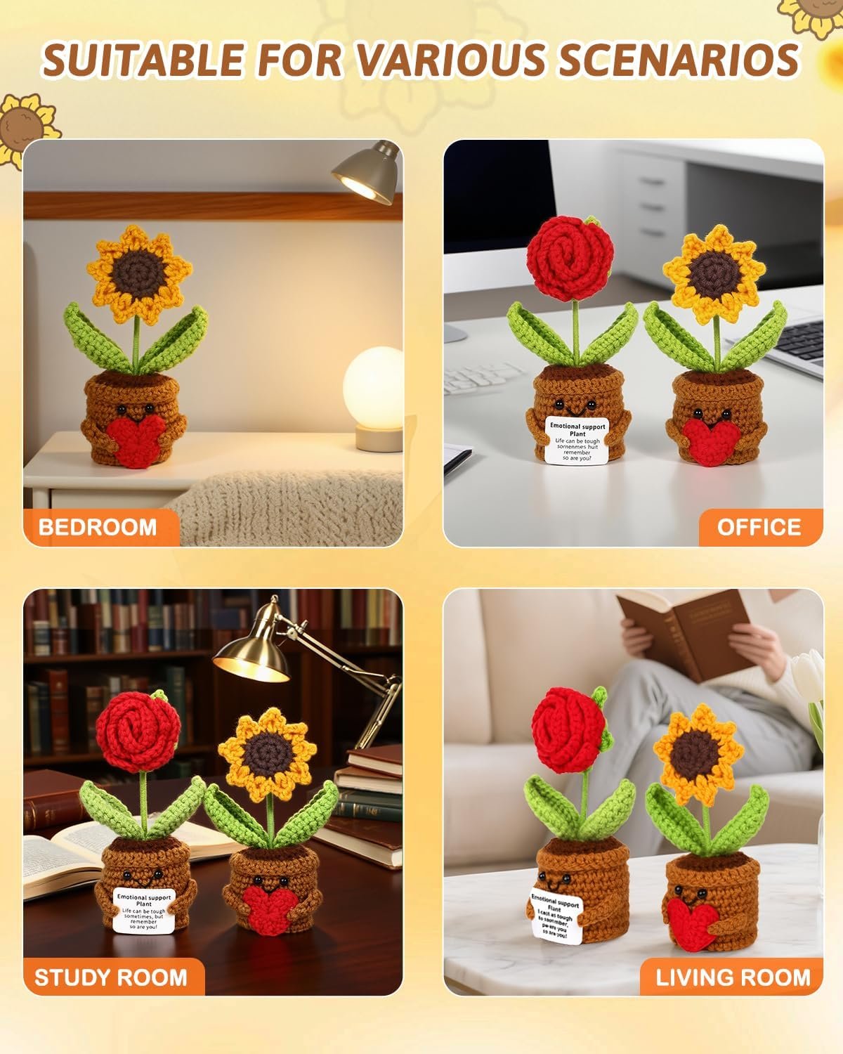 2pcs Knitted Flowers Sunflower Gifts for Women Handmade Knitted Planters with Card Gifts Birthday Gifts for Women Mom Family Friend Teacher Coworker Xmas Party (2pcs) - Image 7