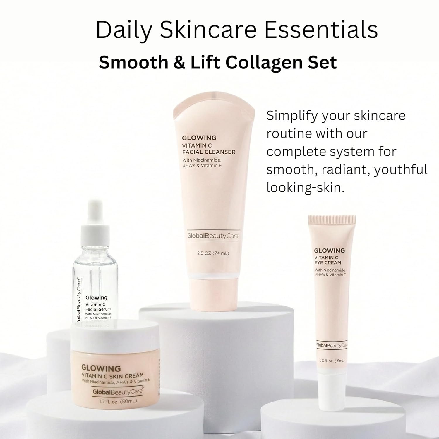 Global Beauty Care Vitamin C Glow Skincare Set - Complete Face Care Routine, Facial Cleanser, Serum, Eye Cream & Face Cream, with Niacinimade, AHA's & Vitamin E For Radiant Smooth Skin, 4-Piece Set - Image 2