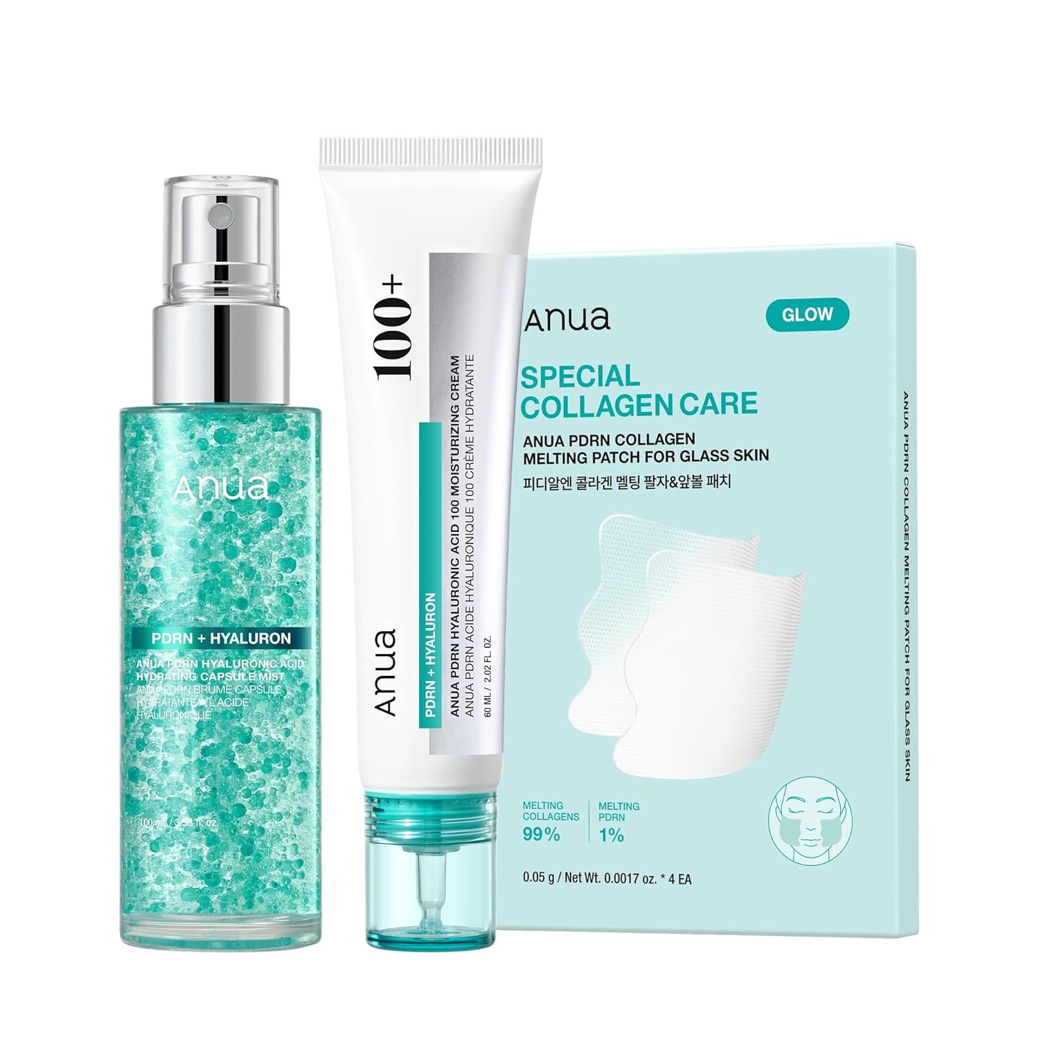 ANUA PDRN Collagen Glass Skin Trio, PDRN Salmon DNA Serum Spray, Collagen Patch Facial Fine Line & Cream, Complete Glow Routine, Face Mist with Special Patch Duo, Korean Skincare Set