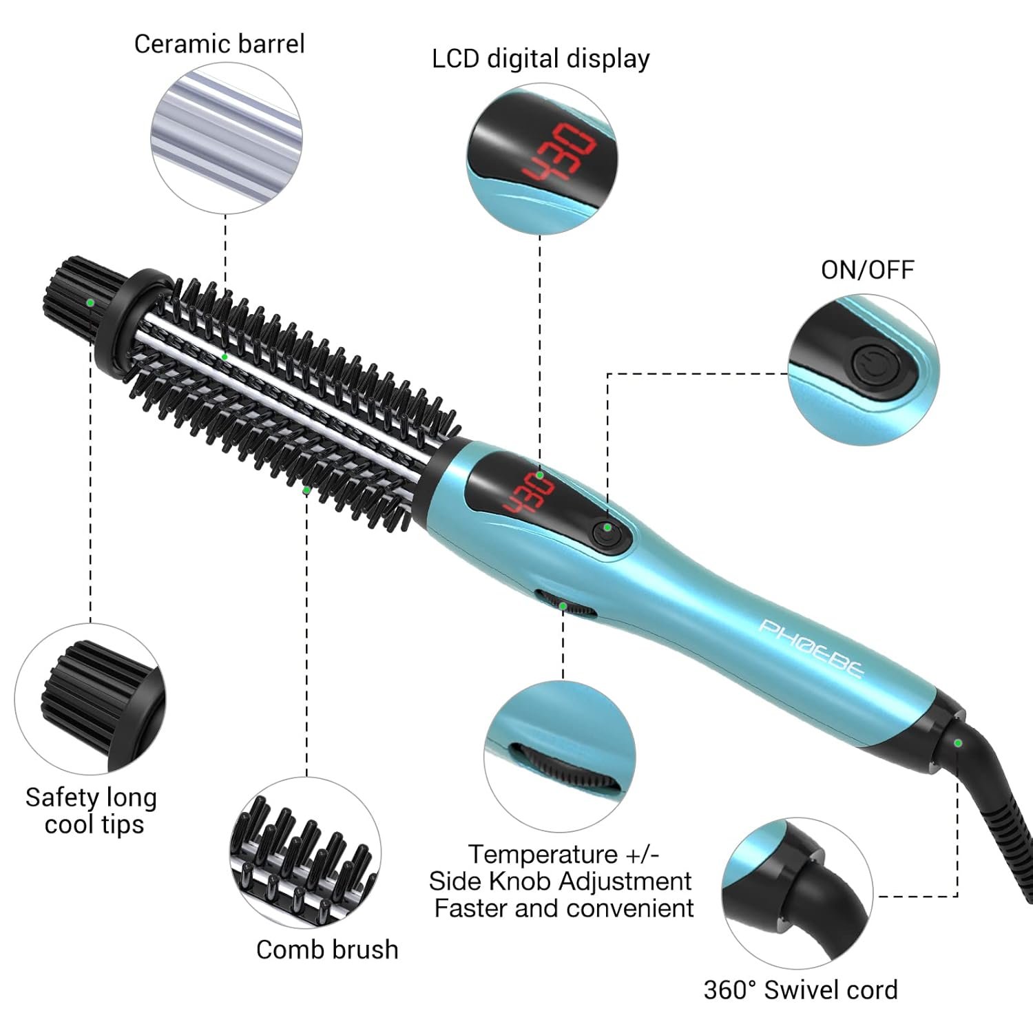 PHOEBE Curling Iron, Dual Voltage Travel 1 Inch Ceramic Tourmaline Ionic Hair Curler Hot Brush, Professional Anti-Scald Instant Heat Up Curling Wands, Heated Styler for Long Hair - Image 4