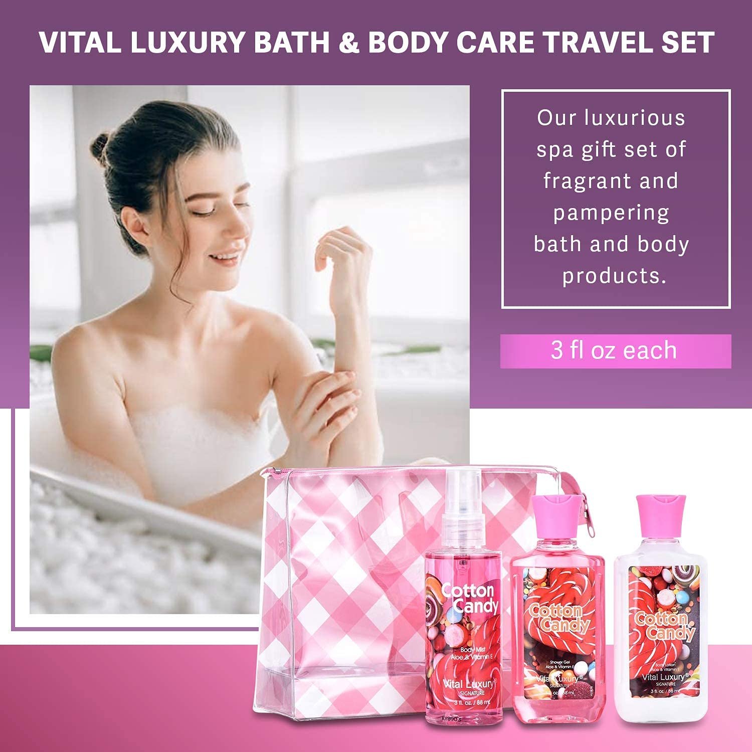 Bath and Body Gift Set, Cotton Candy Scented, 3-Piece Travel Size Collection, Shower Gel, Body Lotion, Body Mist, 3 Fl Oz Each (Cotton Candy) - Image 3