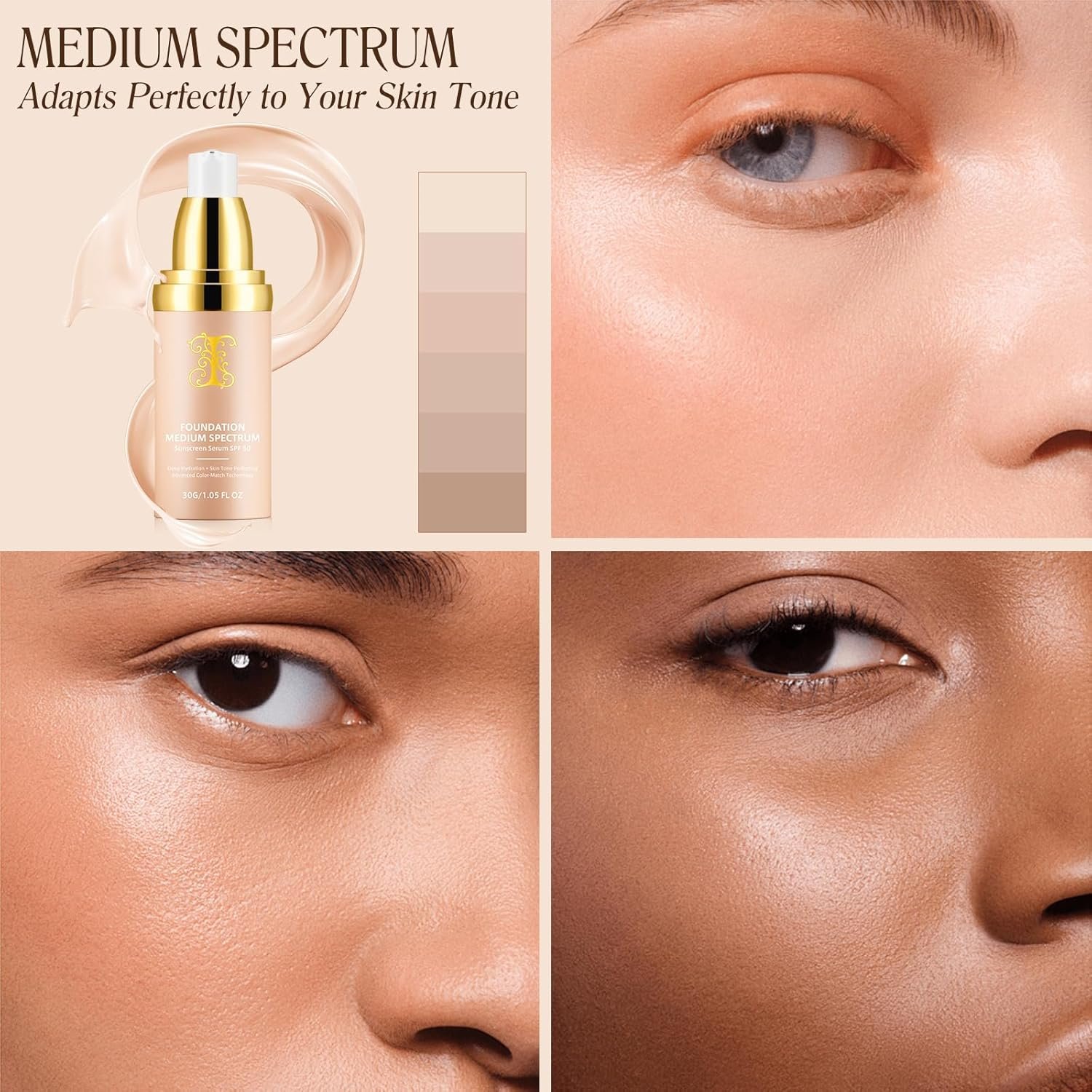 Colour Changing Foundation - 4 in 1 Light Spectrum with SPF 50+, Hydrating Liquid Foundation, Concealers Waterproof & Longwearing, Medium Spectrum for Gym, Sport, Dancing - Image 4