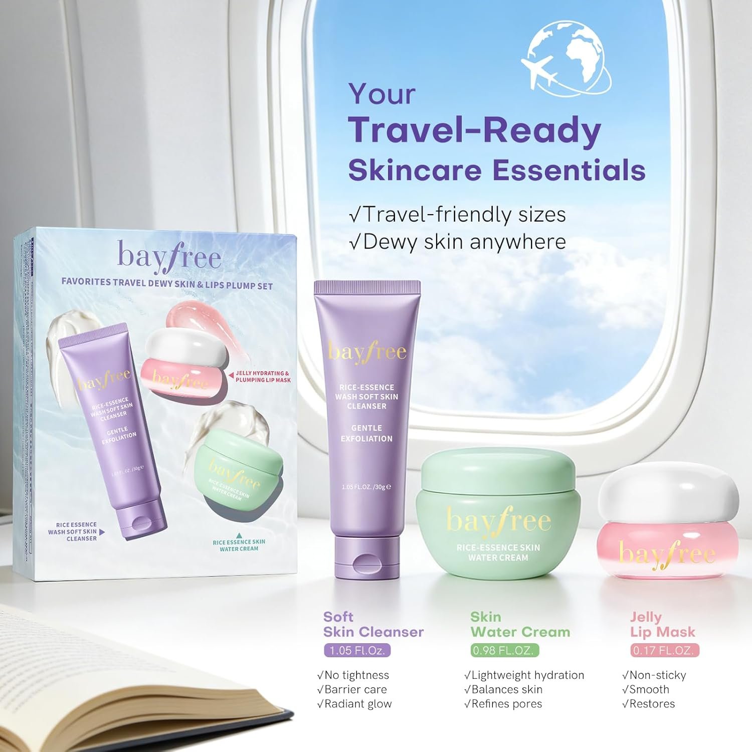 bayfree Favorites Travel Dewy Skin & Lips Plump Set, Hydrating Korean Skin Care Set with Rice-Essence Wash, Water Cream & Lip Mask, Gentle Vegan Skincare Gift Set for Girls Women, Glowing Skin - Image 2
