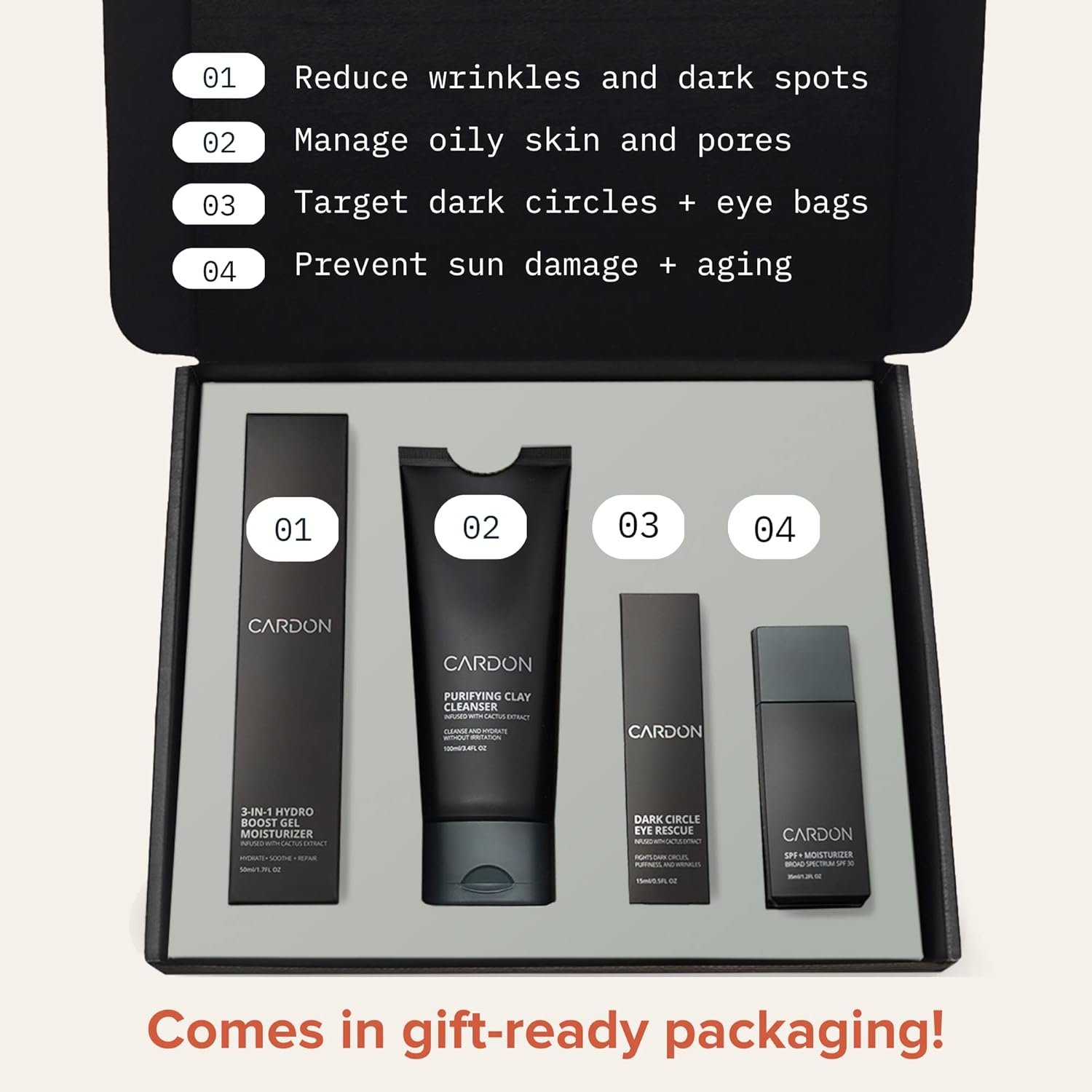 Cardon 4-Step Korean Skincare Gift Set for Men, Anti-Aging Korean Skincare Routine, Cactus-based, All Skin Types, Face Wash, Face Moisturizer with Sunscreen, SPF 30, Night Lotion, Eye Cream (4 CT) - Image 2