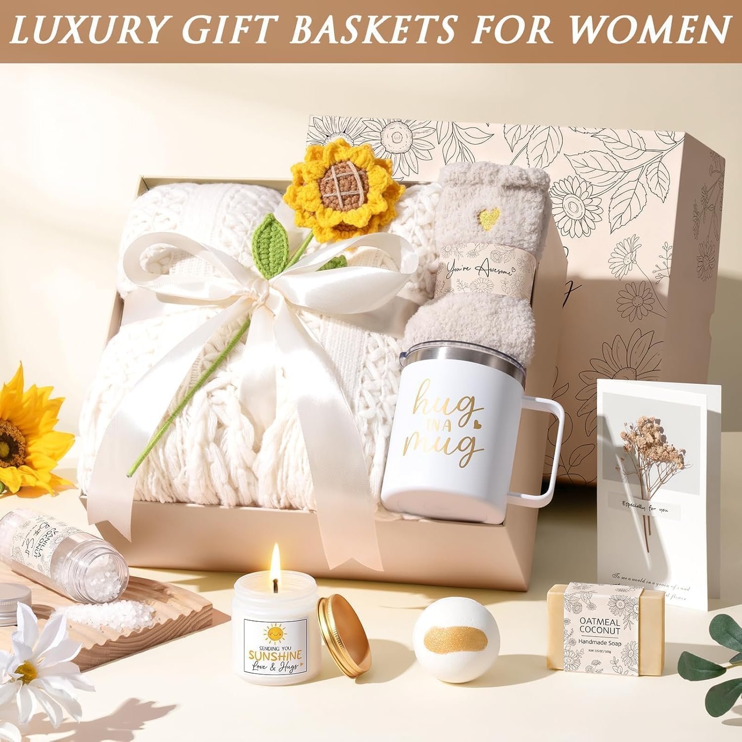 Birthday Gifts for Women Self Care Get Well Soon Gift Baskets, Spa Care Package Thinking of You Gifts, Sending Sunshine Box Unique Christmas Sunflower Gift for Women Mom Her Best Friends Sister Wife - Image 4