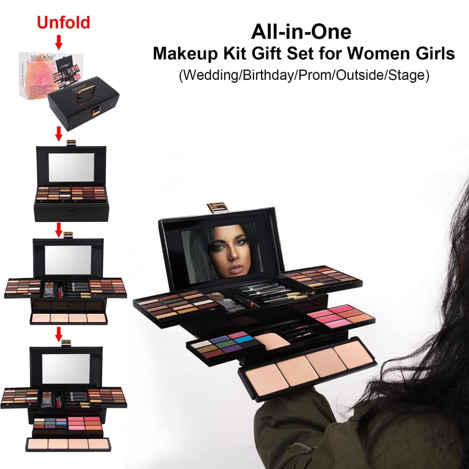MISS ROSE M 58 Color Professional Makeup Kit for Women Full Kit, Include Eyeshadow Facial Blusher Eyebrow Powder Face Concealer Powder Eyeliner Pencil and a Mirror(331N) - Image 6