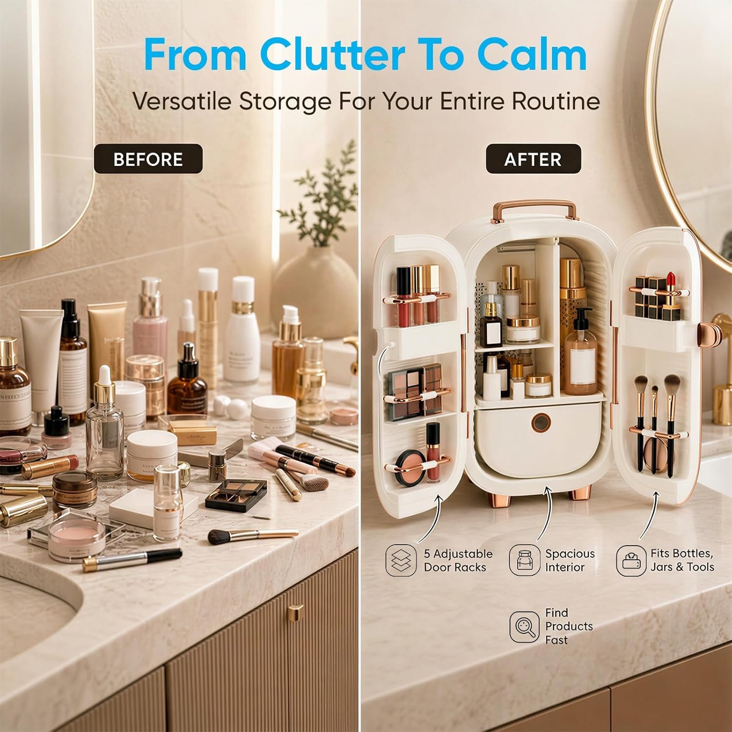Portable Skincare Fridge, 3 Operating Modes with 360° Cycle Drying Mini Fridge, With 5 Door Racks, Low noice, Ideal for Makeup, Cosmetic Beauty, Skin Care, White - Image 6