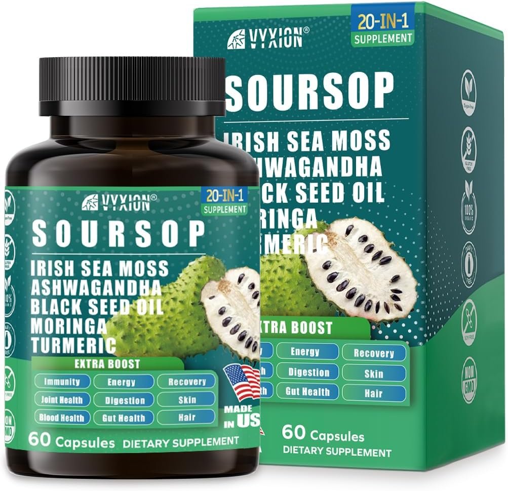 Soursop Graviola Supplement with Sea Moss, Moringa, Turmeric, Black Seed Oil, Oregano, Ashwagandha | 20-in-One Herbal extracts for Overall Health-Enhancing | Vegan, Non-GMO | 60 Capsules - Image 2