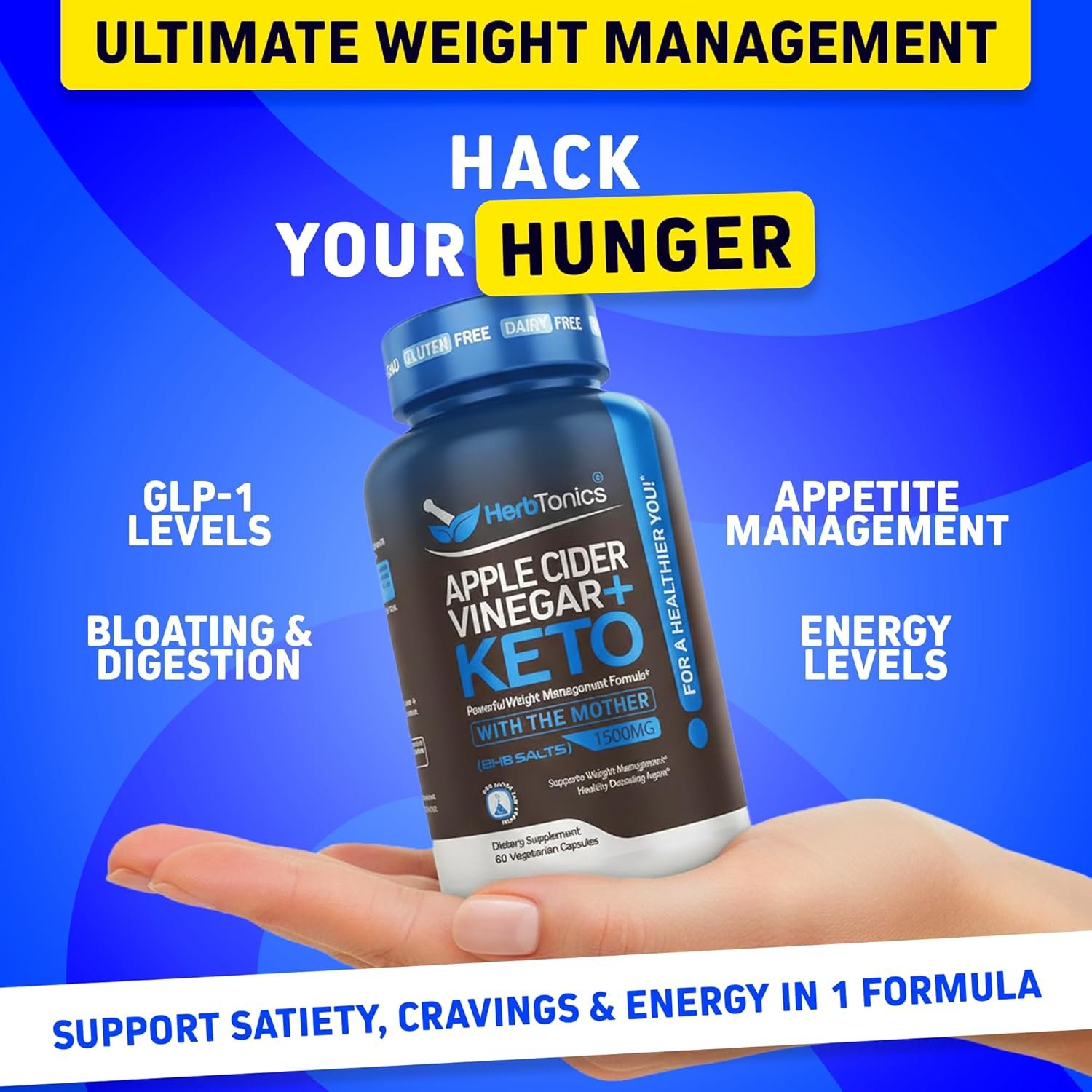 Herbtonics Apple Cider Vinegar + Keto BHB Capsules | GLP-1 Support for Appetite, Cravings & Weight Management | Metabolism Support with Satiety Support | 60 Capsules - 1 Month Supply - Image 3
