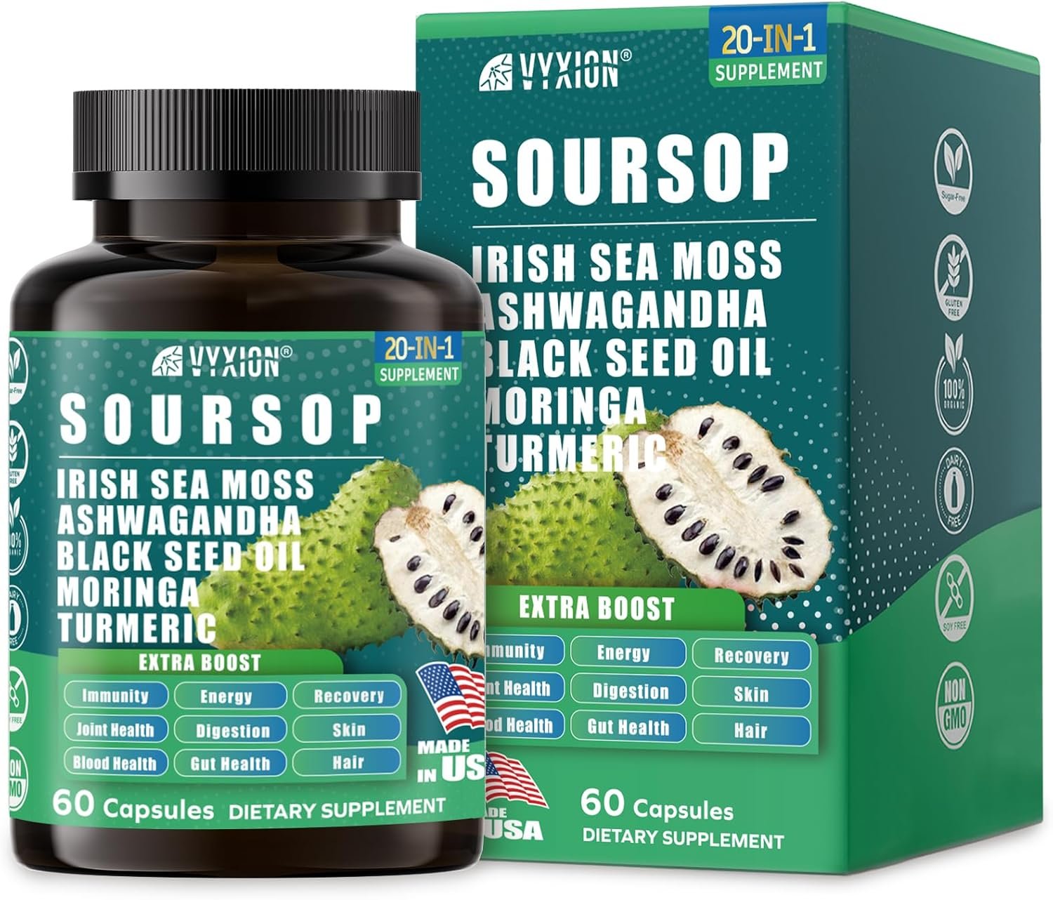 Soursop Graviola Supplement with Sea Moss, Moringa, Turmeric, Black Seed Oil, Oregano, Ashwagandha | 20-in-One Herbal extracts for Overall Health-Enhancing | Vegan, Non-GMO | 60 Capsules