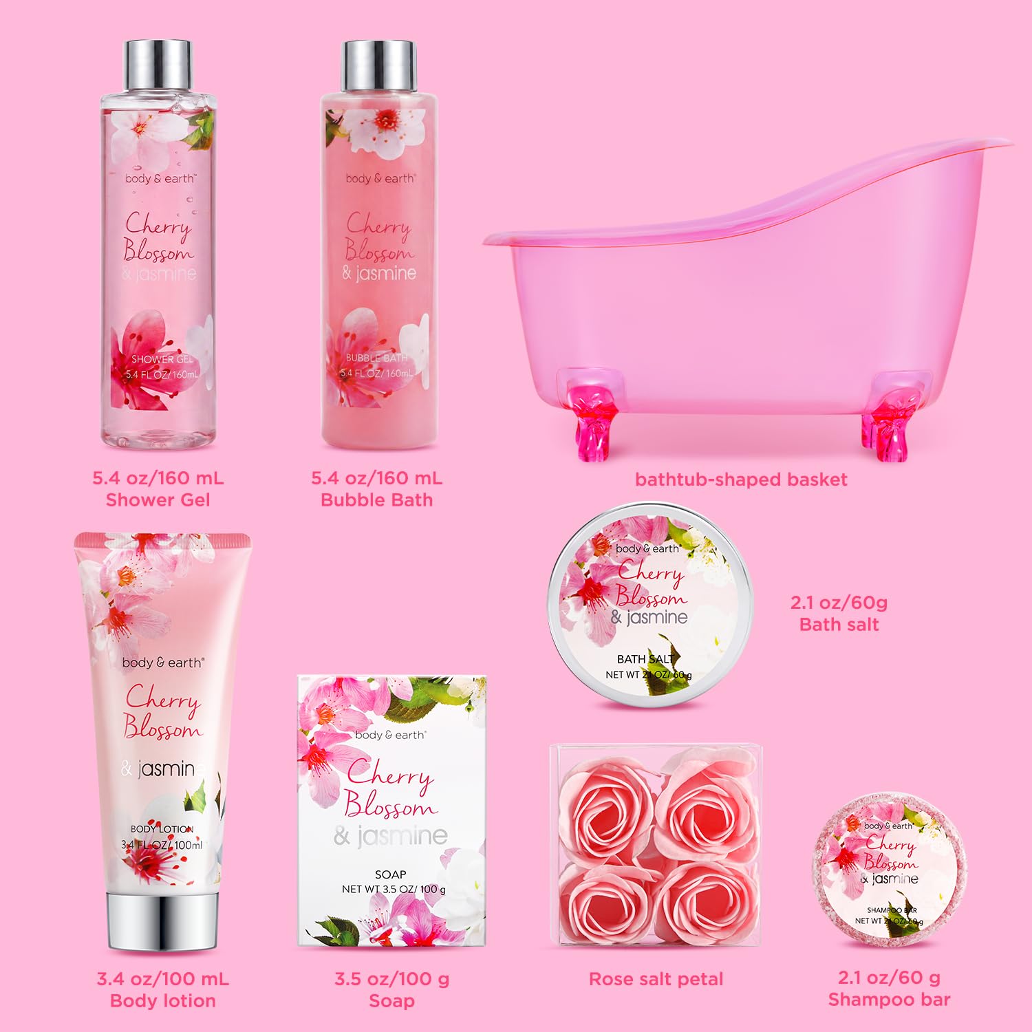 Body & Earth Spa Gifts for Women Self Care Kit - 8pcs Cherry Blossom & Jasmine Bath Sets for Women, Birthday, Mother's Day Gift Baskets for Mother, Wife, Girlfriends - Image 2
