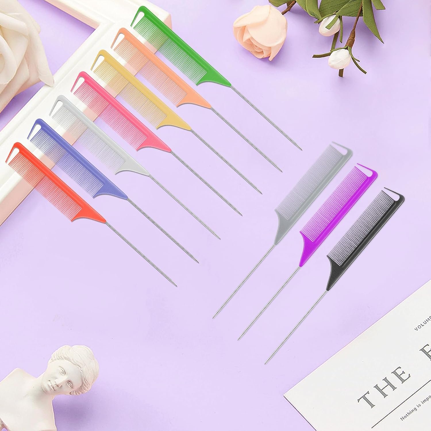 10 PCS Rat Tail Combs Set - Hair Teasing Fine Tooth Comb for Women Girls, Parting Comb for Braiding Hair Styling Tools & Appliances with Stainless Steel Pintail Carbon Fiber Heat Resistant - Image 8