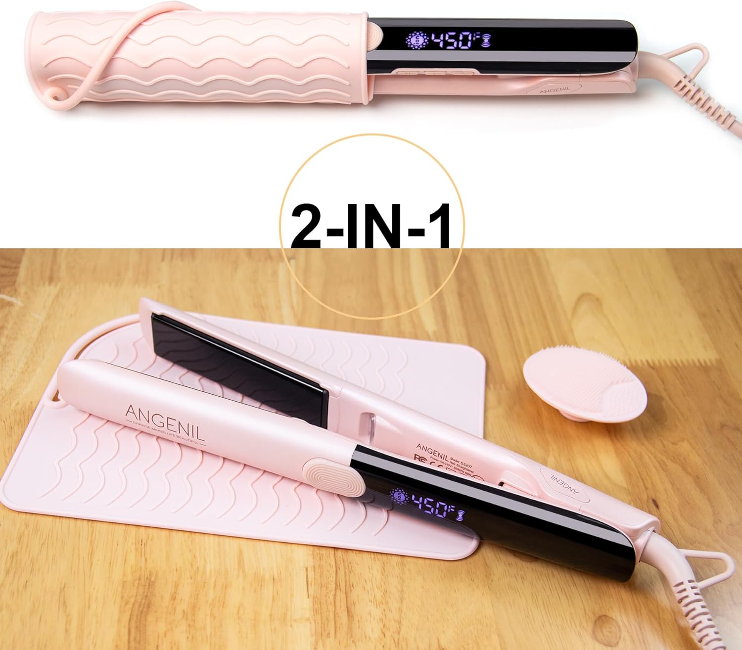 ANGENIL Pro Titanium Flat Iron Hair Straightener and Curler 2 in 1 with Heat Resistant Silicone Mat, Round Pink Dual Voltage Hair Straightener Irons, Smoothness, Large LCD Display, 20s Fast Heating - Image 7
