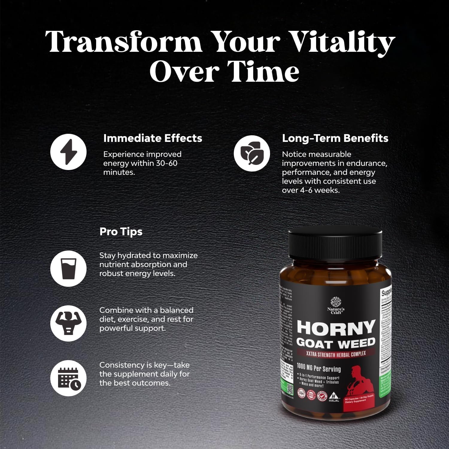 Horny Goat Weed for Men - Extra Strength Male Supplement with Black Maca Root, Tongkat Ali, Saw Palmetto & Panax Ginseng Extract for Stamina & Energy - 60 Count - Image 6